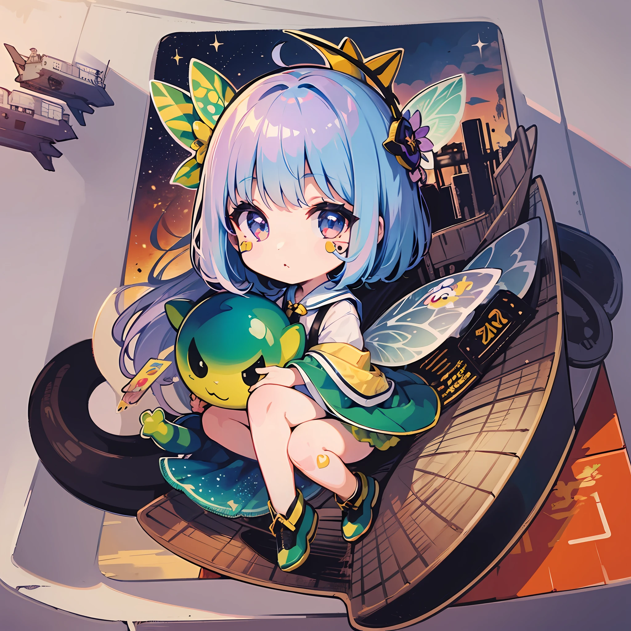((a sticker:1.5)))、((Chibi Chara))、(((Air carrier)))、Empty mother、Above the sea、Large ships、1girl in、Strongest、Chibi Chara、fullllbody、Pastel colors hair、Fairy tale、Fantastical、masuter piece、beste-Qualit、high-level image quality