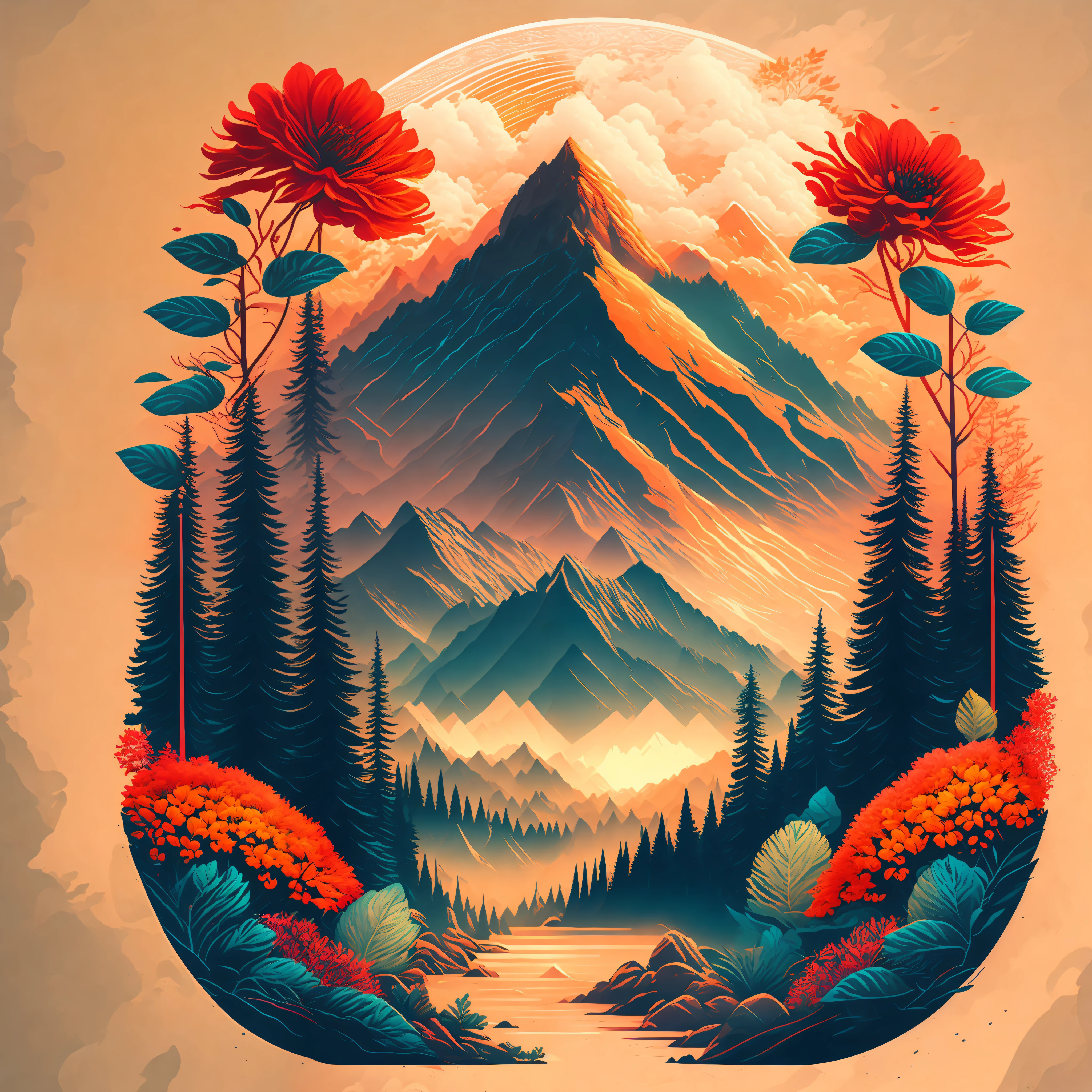 A forest in a summer landscape mountains and flowers, T-shirt design, midjourney, vector art, hydro74