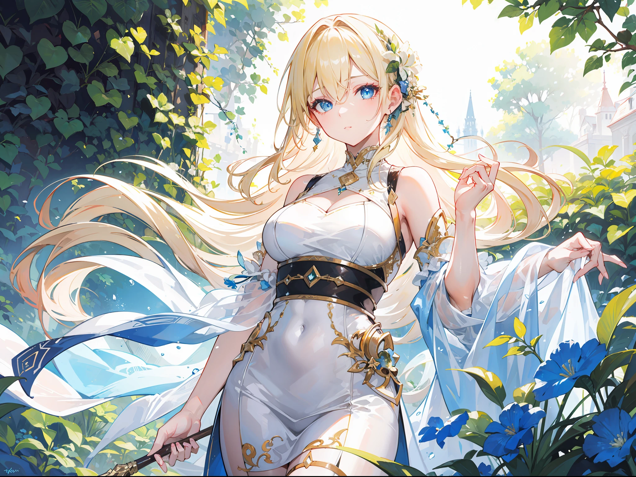 "Epic morning garden atmosphere, stunning 4k artwork featuring a confident mature woman long flowing vibrant light-blonde hair. Her captivating, her eyes blue that illuminate the scene. She sat elegantly"