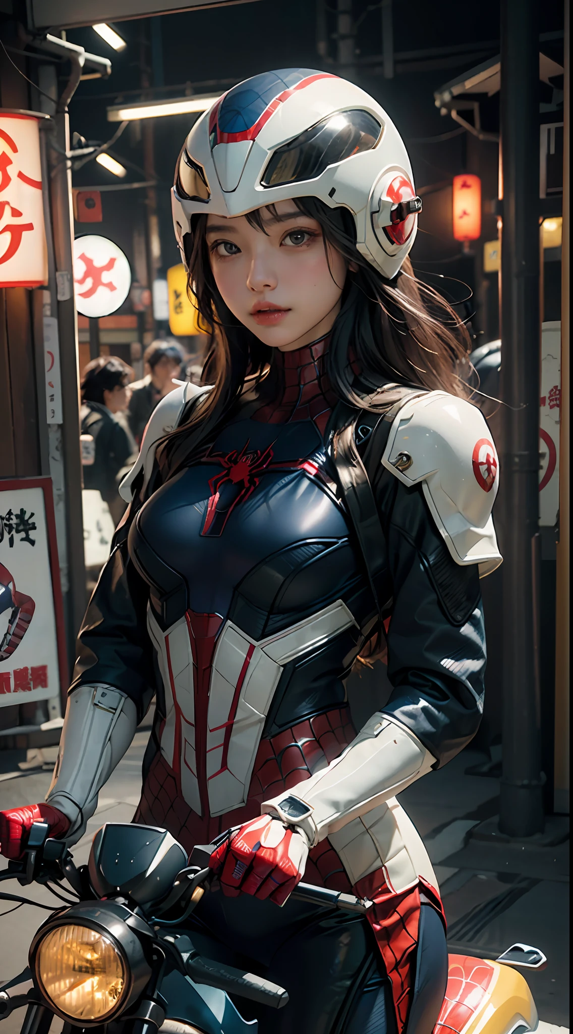 The highest image quality、Exceptional detail、superhighresolution、(真实感:1.4)、the best illustration、Favor the details、Highly condensed 1girl、delicate and beautiful face、Dressed in blue and yellow mechs、Wearing a mecha helmet、Has a direction controller、Riding a motorcycle、The background is a lighting scene of the old townscape of Kyoto in Japan。Cute Beautiful Girl、Wear a Japan-inspired white and red Spider-Man suit。