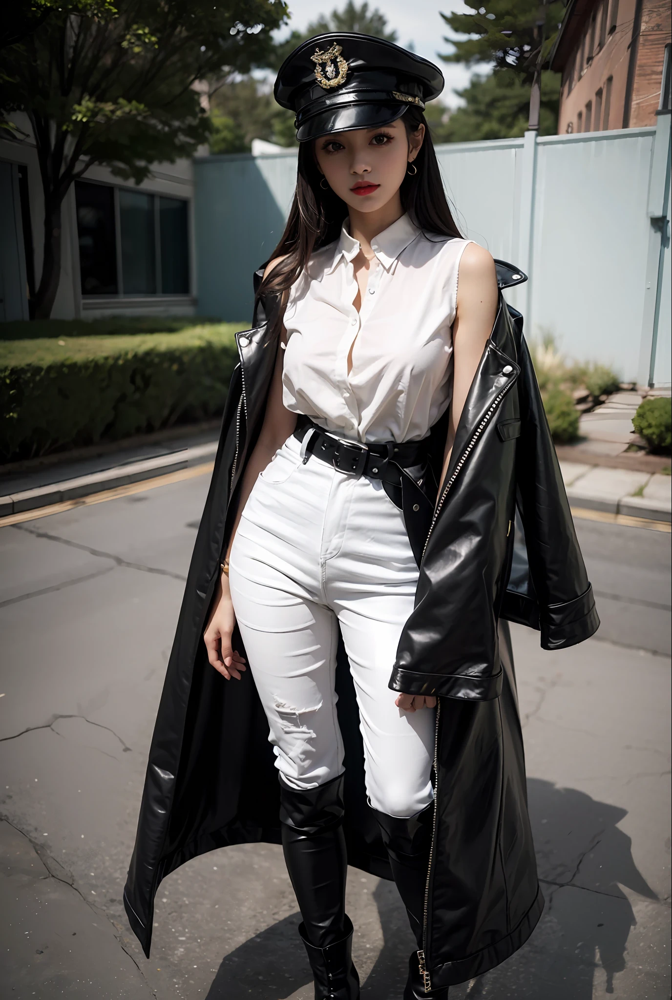 beatiful woman,Dress conservatively,white shirt,military hat,Black leather pants,Cloak,crpg,Cold and glamorous,Redlip,belt around waist,Capable,