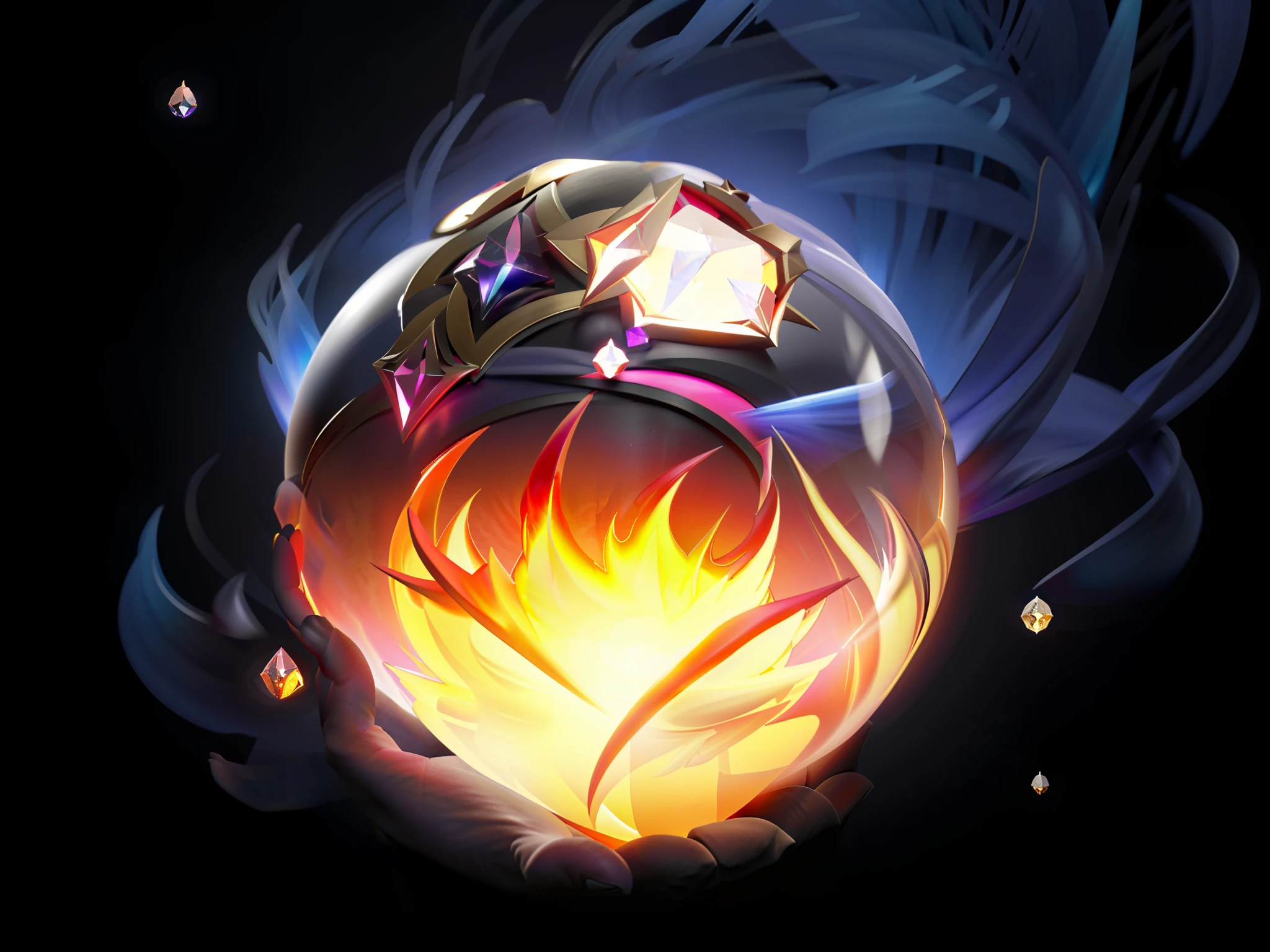 There is a picture of a glass ball,There is fire inside, black orb of fire, glowing magma sphere, orb of agamento, arcane style bomb, glowing sphere, magic frozen ice phoenix egg, mana flowing around it, ashes crystal, the orb of truth, the orb of eternity, heartstone, artifact dota2, ghost sphere, magic rune