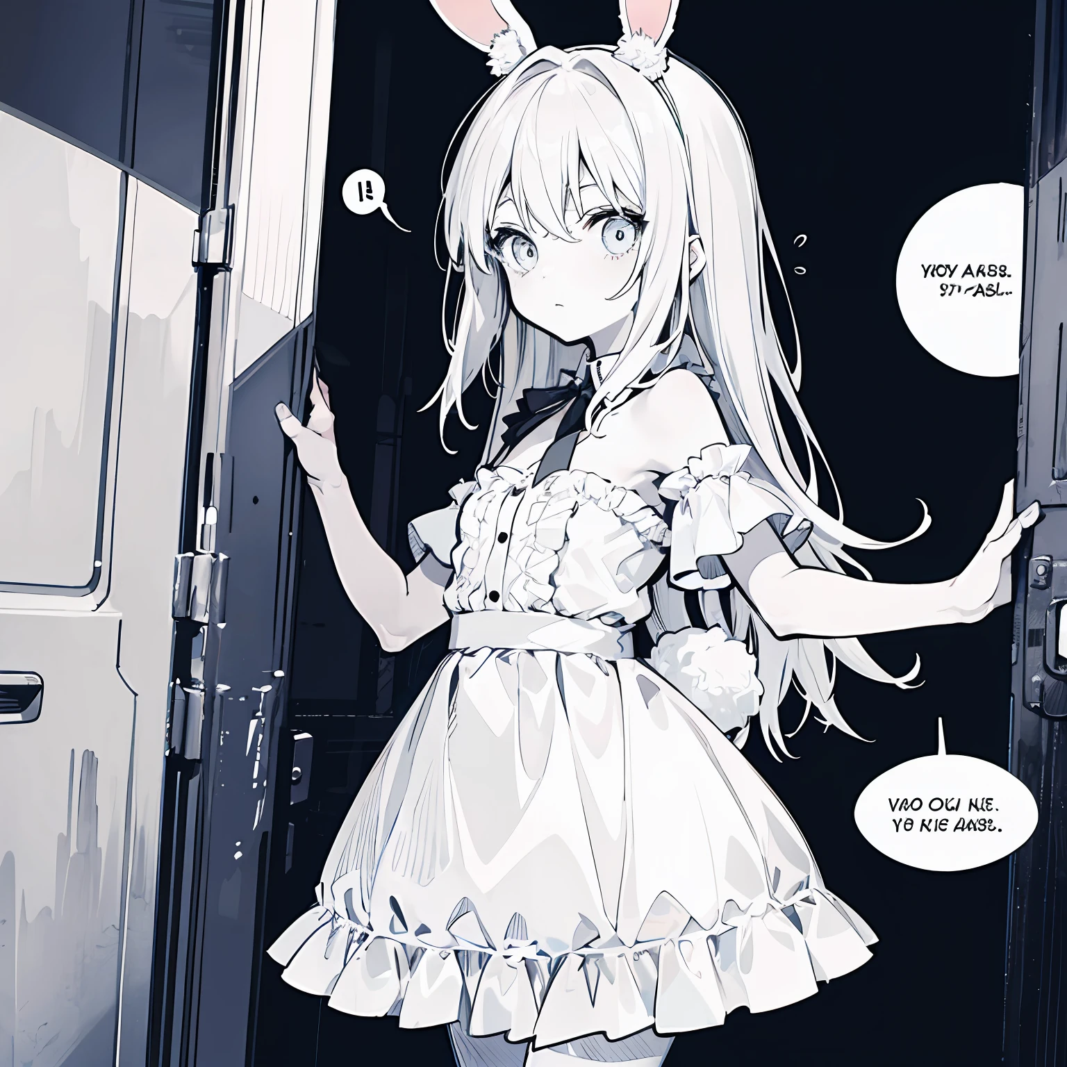 Rabbit-eared girl 4-panel manga style partition Manga style black-and-white story Voice bubbles serif Dress
