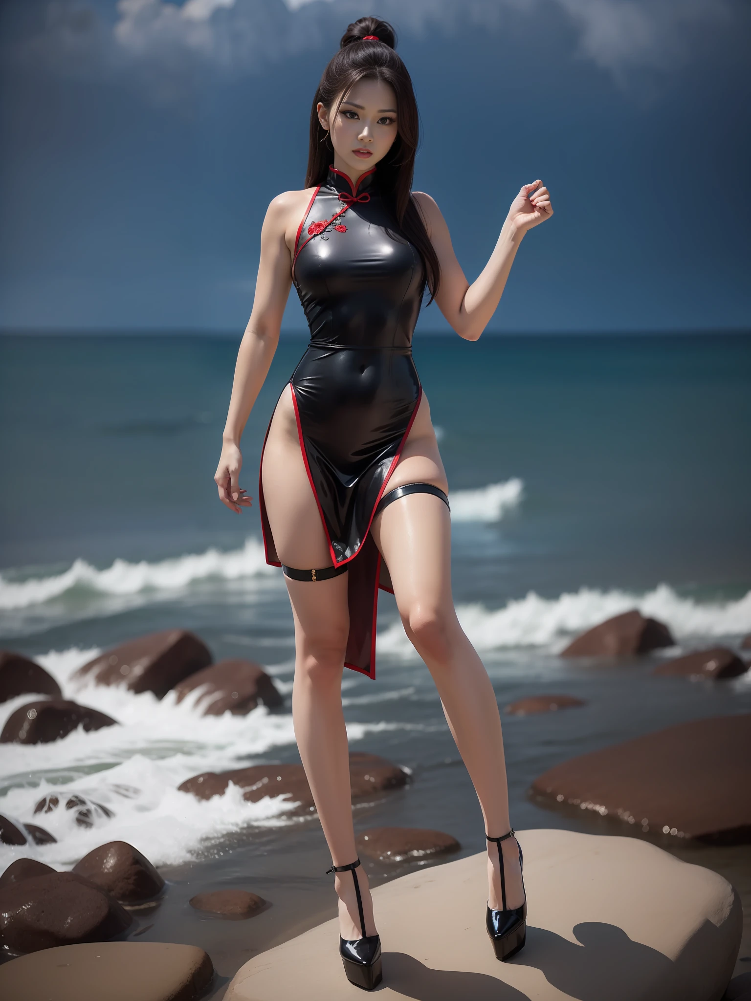 Woman in blue and red cheongsam standing on a rock by the sea, 《dragonball》Kiki in ， posing ready for a fight, mai shiranui, elegant cinematic pose, fighting game character, character posing，Shawl hair，Black suspender stockings，Patent leather red soled high heels