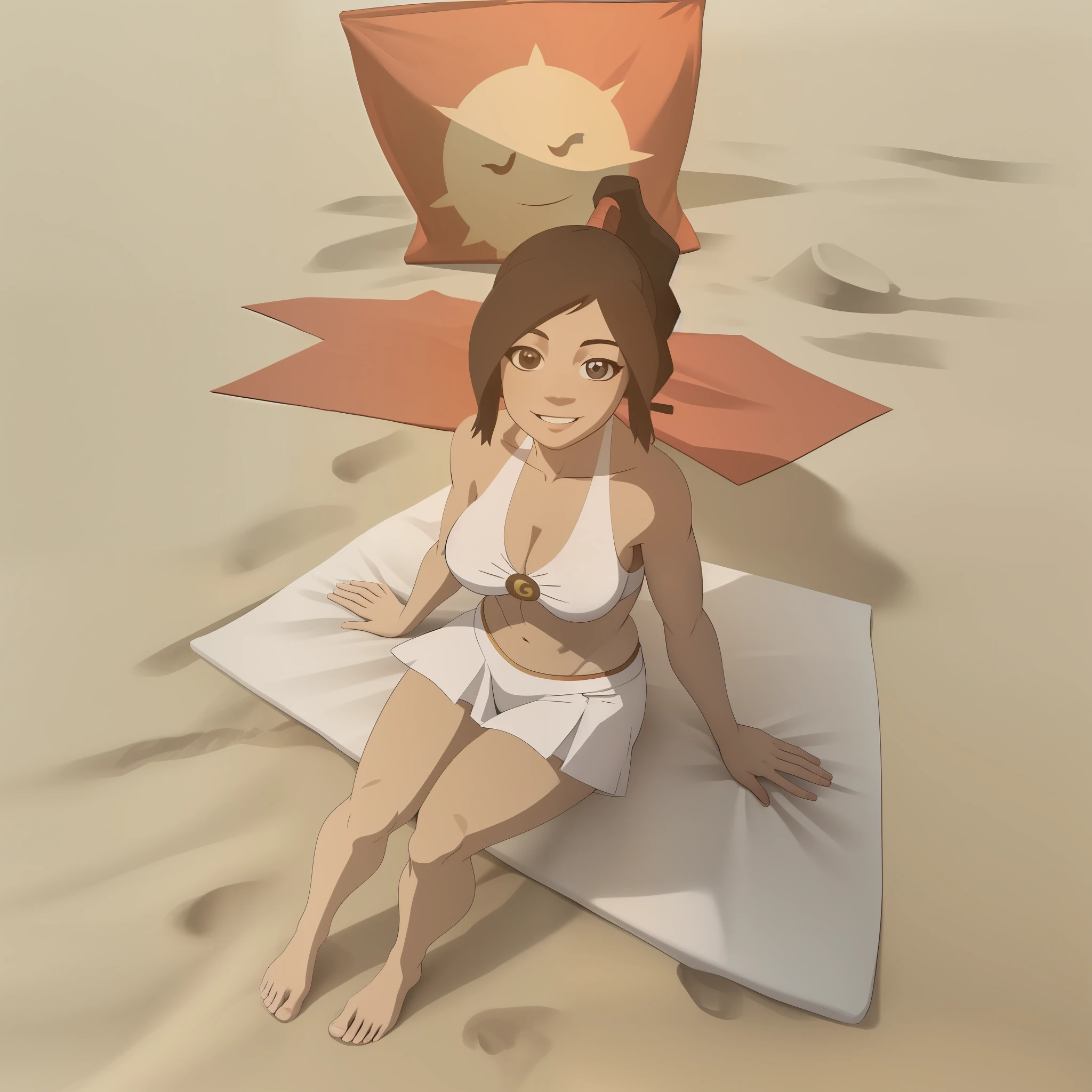 [Ty Lee_(Avatar_the_Last_Airbender)], ((masterpiece:1.4)), ((high res:1.4)), ((High definition)), ((detailed shading)), ((beautiful solo portrait)), ((above view)), ((full body)), ((anime girl)), (beautiful 3D art)), {attractive; (brown hair; long braided ponytail), (beautiful brown eyes), (happy smile), curvaceous hips, beautiful lips, abs, large boobs, (beautiful feet), (detailed leg muscles)}, {white bikini, white skirt, red tight short shorts}, {(sitting on beach towel)}, [background; beach, beautiful ocean, detailed sand, sun rays]