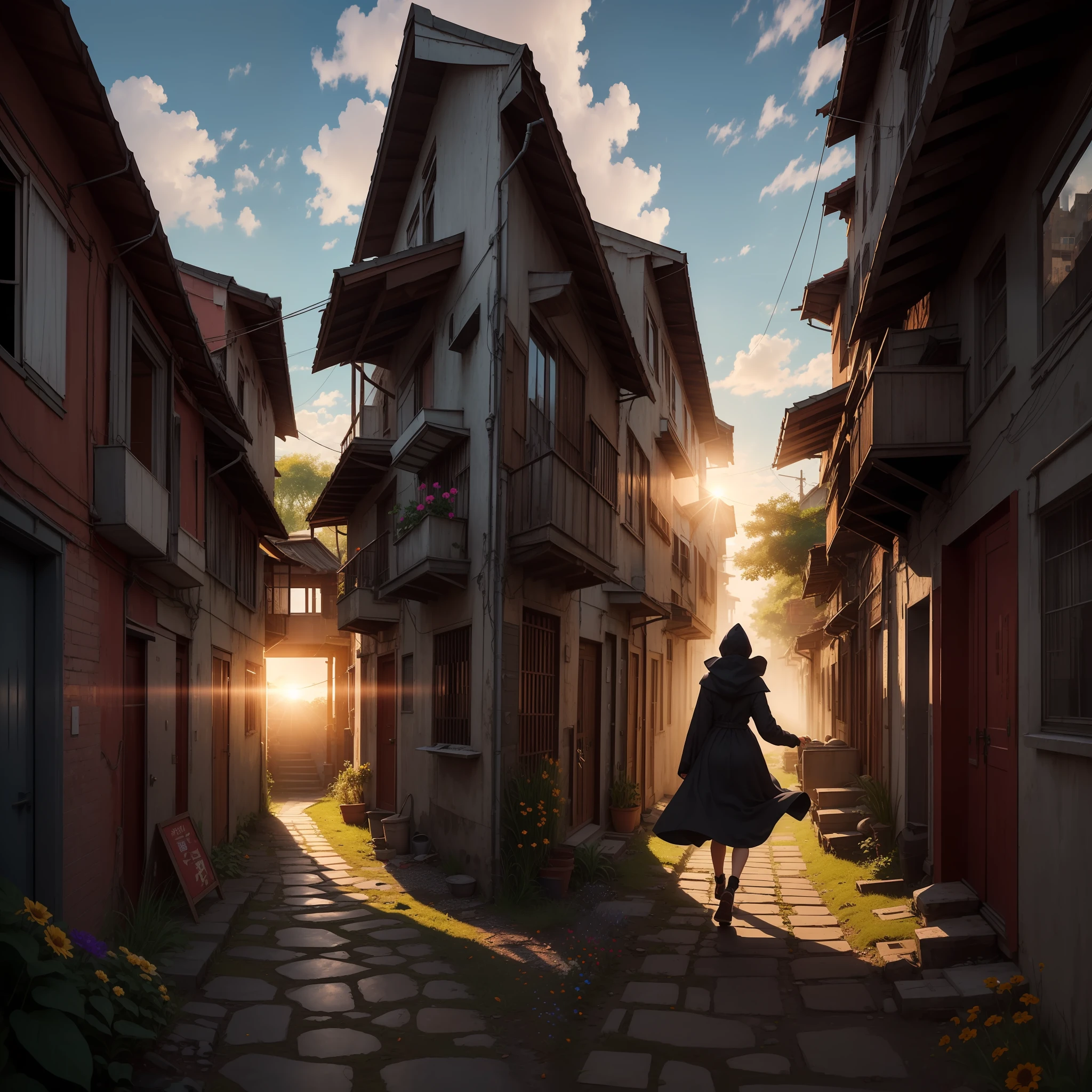 Computer Extensive Landscape Photography (general view, on which you can see the sun, The sky in, The wind blows the leaves and the alley, slums, The wind whirls the leaves), Girl detailing appearance (dark hair) in an old cloak and hood, jumps to the top , dynamicpose, catches leaves, running down the alley and looking up + 1 elderly woman, in an old knee-length dress, In old footwear, The girl is in trouble, Dynamic motion, dynamic movement, dinamic angle, alleyway, wicket, fence, Cloud & Forest, (flower field: 1.4) In the foreground, gray cloak, Light tracing, (Floating colorful wind: 1) (photo-realistic: 1.4), offcial art, Unity 8k壁纸, Ultra-detailed, Beautiful and aesthetically pleasing, ​masterpiece, beste-Qualit, --auto