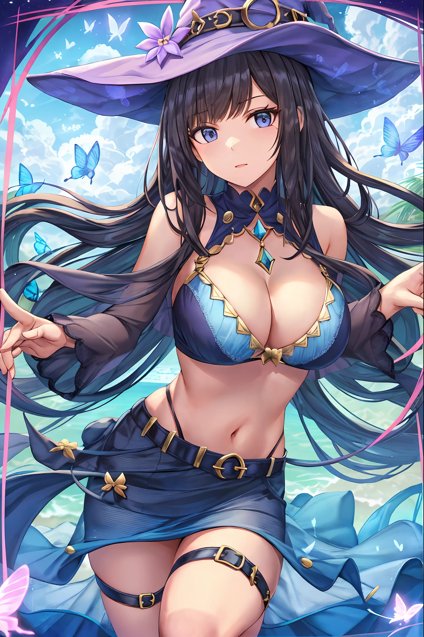 Butterfly, girl, bikini, upper body, witch hat, (detailed face shape: 1.2), (middle chest), (cleavage), (thigh belt), long hair, asymmetrical bangs, tarot frame, portrait centered, ( No weapons), (bouncing breasts),