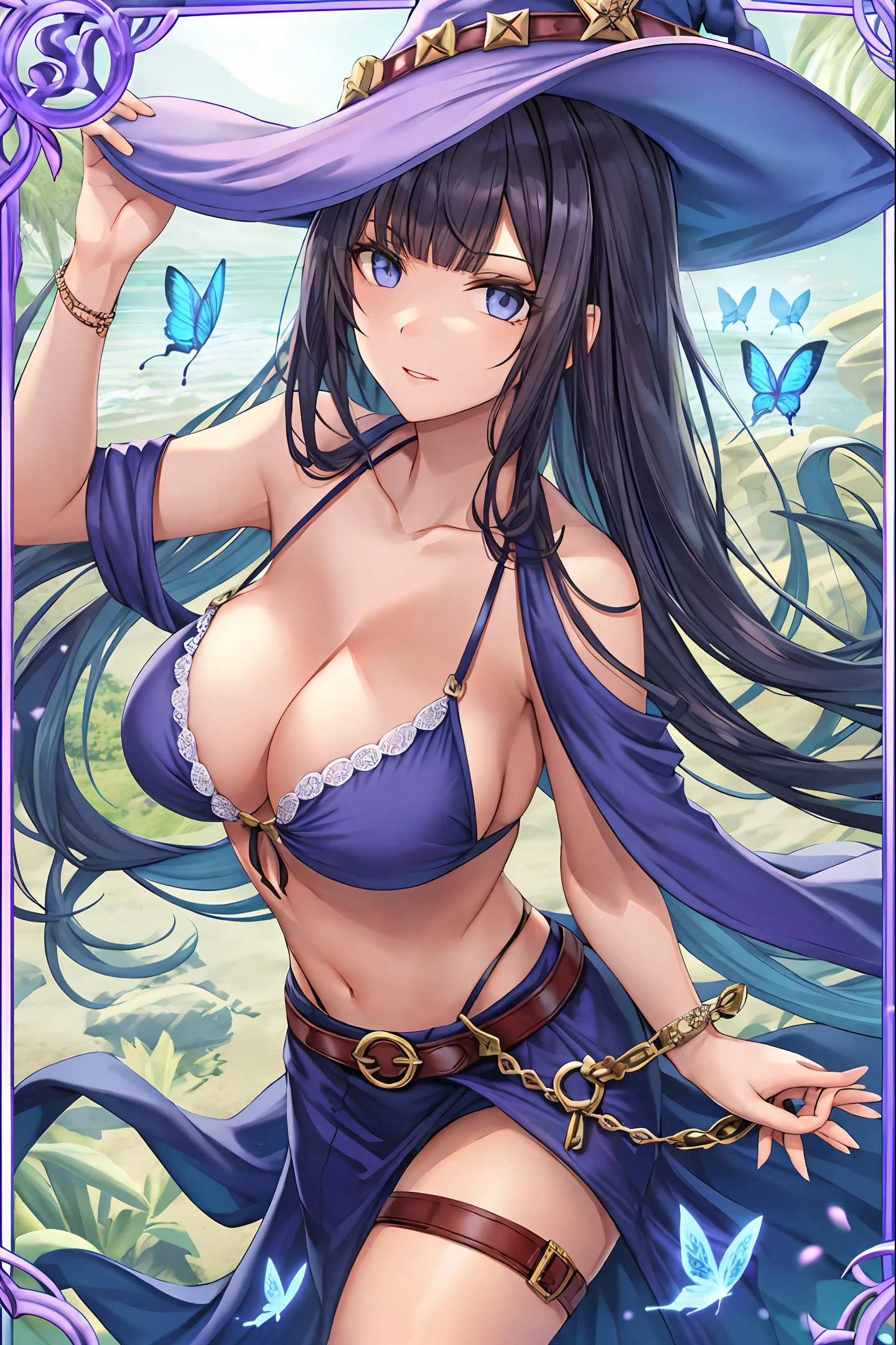 Butterfly, girl, bikini, upper body, witch hat, (detailed face shape: 1.2), (middle chest), (cleavage), (thigh belt), long hair, asymmetrical bangs, tarot frame, portrait centered, ( No weapons), (bouncing breasts),
