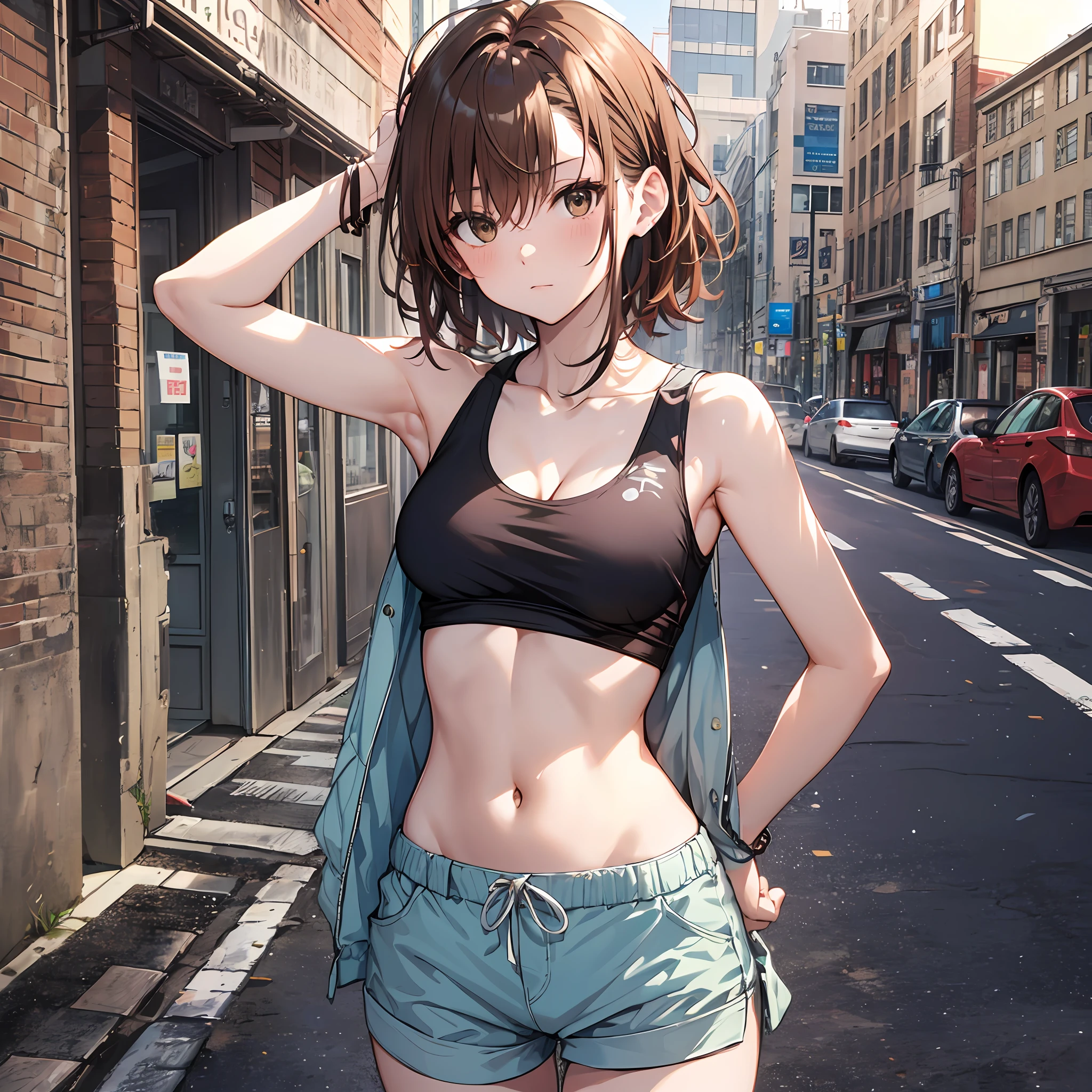 ​masterpiece, beste-Qualit, Misaka_mikoto, Brown-eyed, Short_Hair, Small_Breast,）　Tank Tops　Beauty navel　shortpants　Random Posing　In the street　Random View