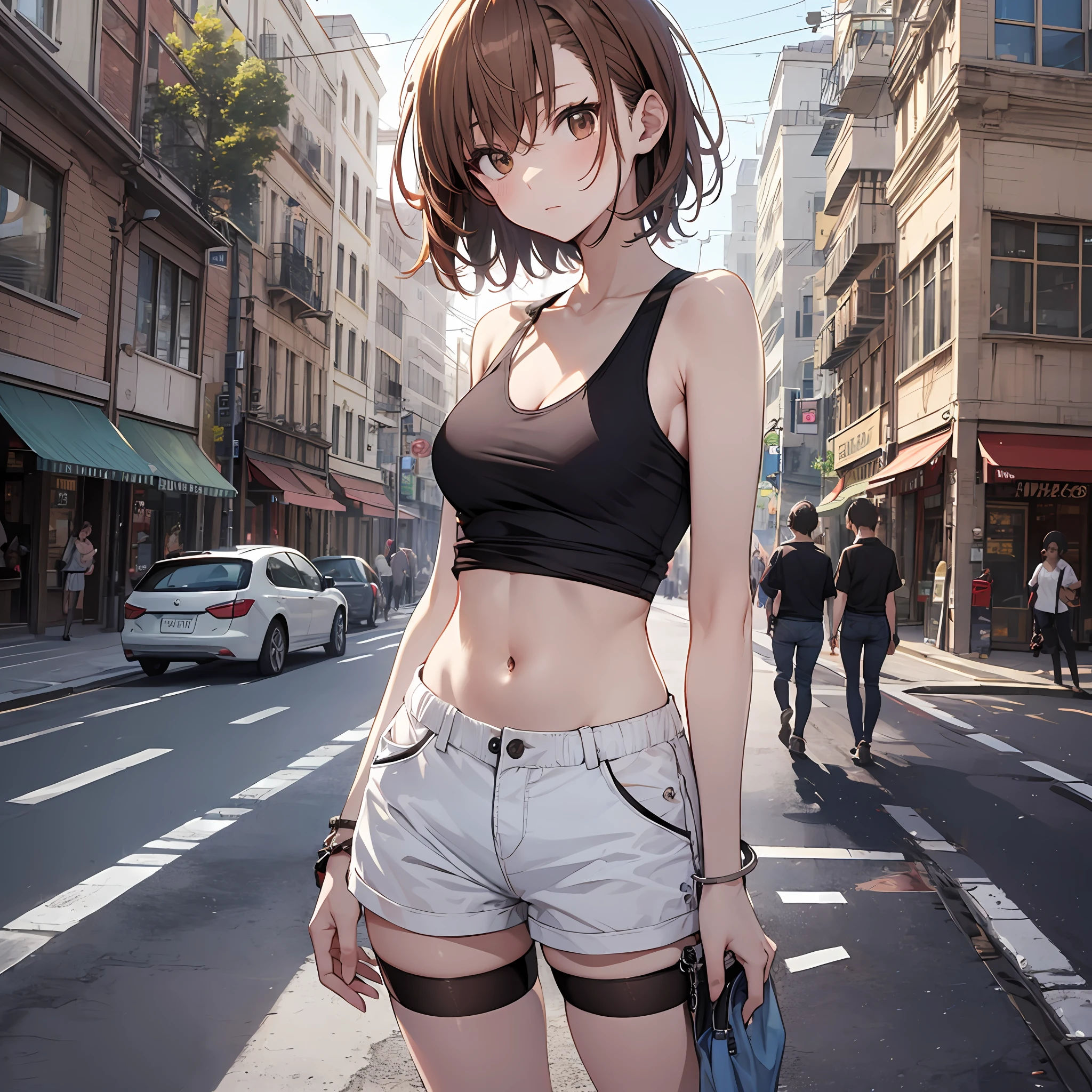masterpiece, beste-Qualit, Misaka_mikoto, Brown-eyed, Short_Hair, Small_Breast,) Tank Tops Beauty navel shortpants Random Posing In the street Random View