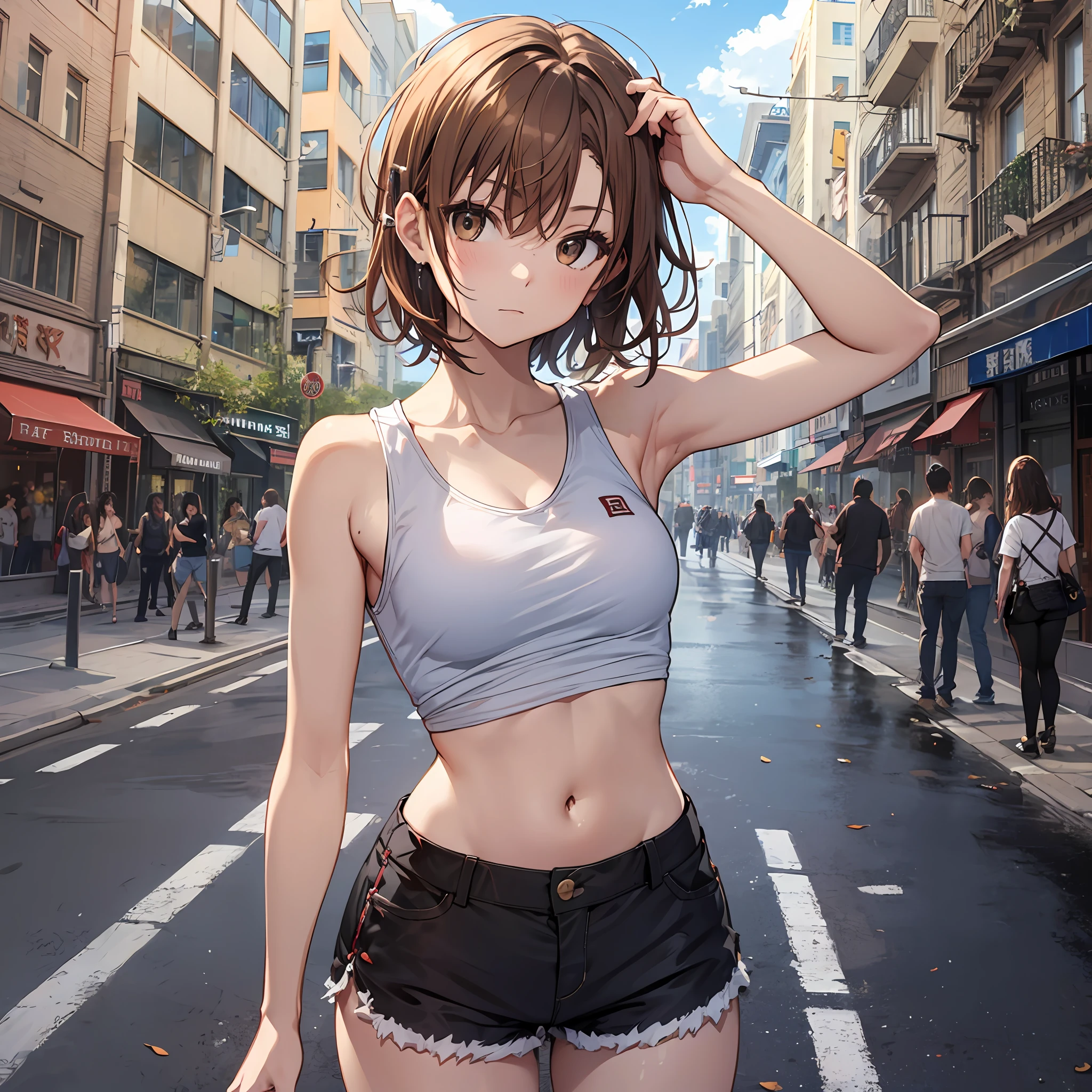 ​masterpiece, beste-Qualit, Misaka_mikoto, Brown-eyed, Short_Hair, Small_Breast,）　Tank Tops　Beauty navel　shortpants　Random Posing　In the street　Random View