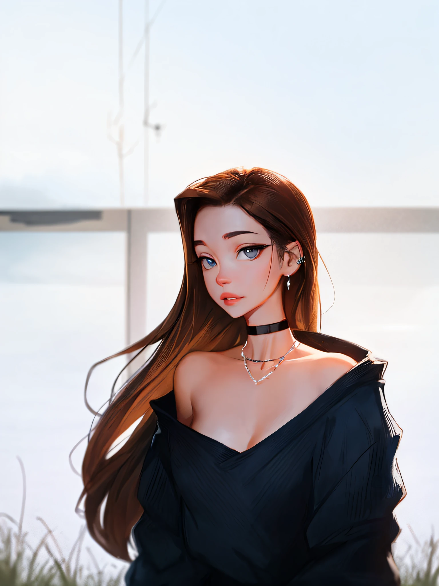 sam yang, 1girlhugebreasts, back, Bare shoulders, blue eyess, brown  hair, 耳Nipple Ring, jewelry, res lips, length hair, looking looking at viewer, Look back, choker necklace, Exposed shoulder, Parting lips, Portrait, In the daytime, depth of fields,独奏，（（tmasterpiece））