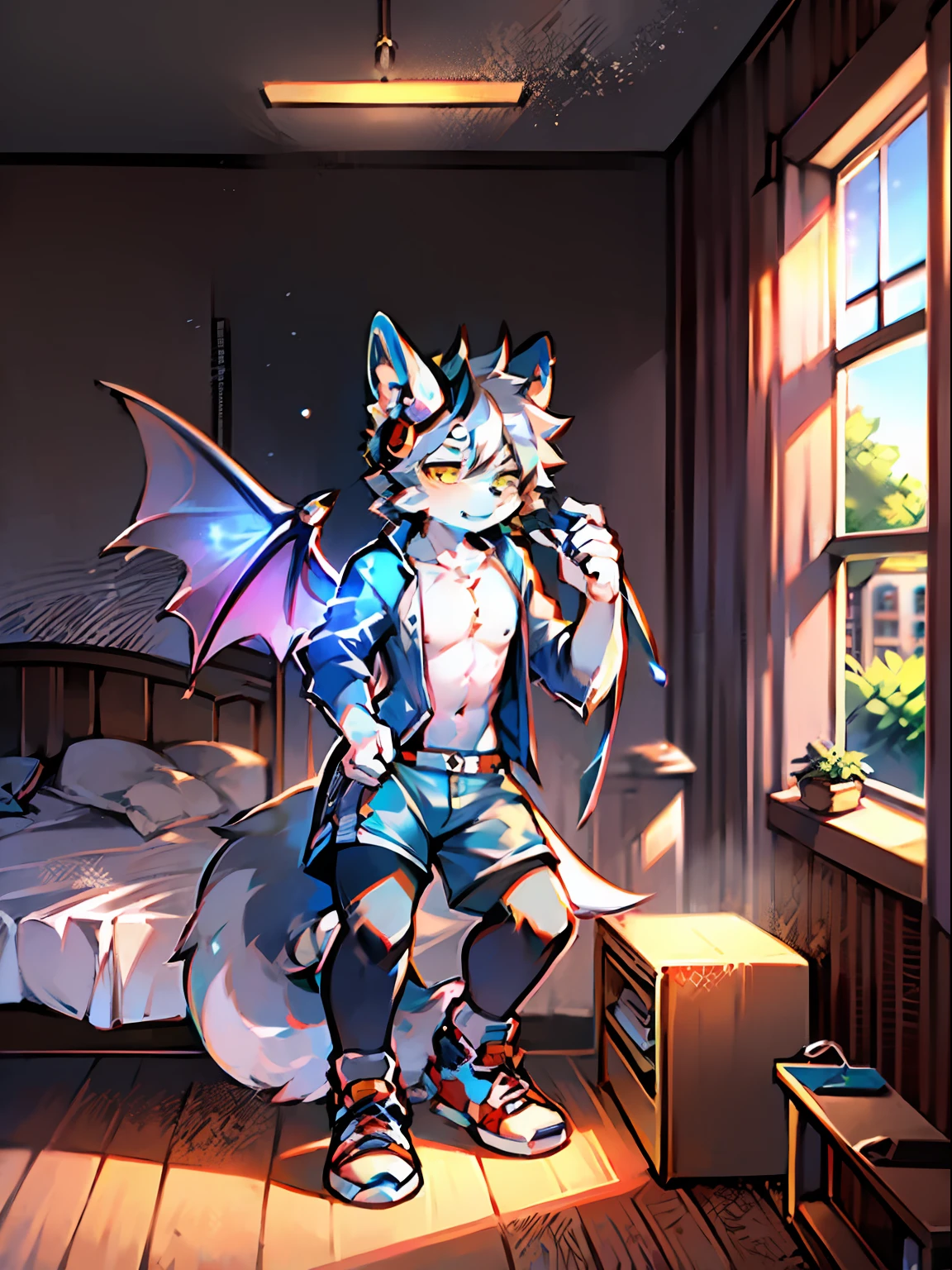 eyes with brightness, full room view, Character focus ,Full body like,独奏,solo person, Correct human anatomy。male people,One blue and one yellow eye,A pair of dragon wings, Gray hair(The long),Wear white ear headphones,There is a pair on the forehead(small nipple)Blue horn fluorescence,There was a boy by his side,In the room,onbed,Take control of the magic,Ice floating all around,grey shorts,pyjamas,athletic sneakers,Sleepy eyes,Young style,Height one meter seven,Handsome, There is a wolf tail,k hd,8K,1440*2048