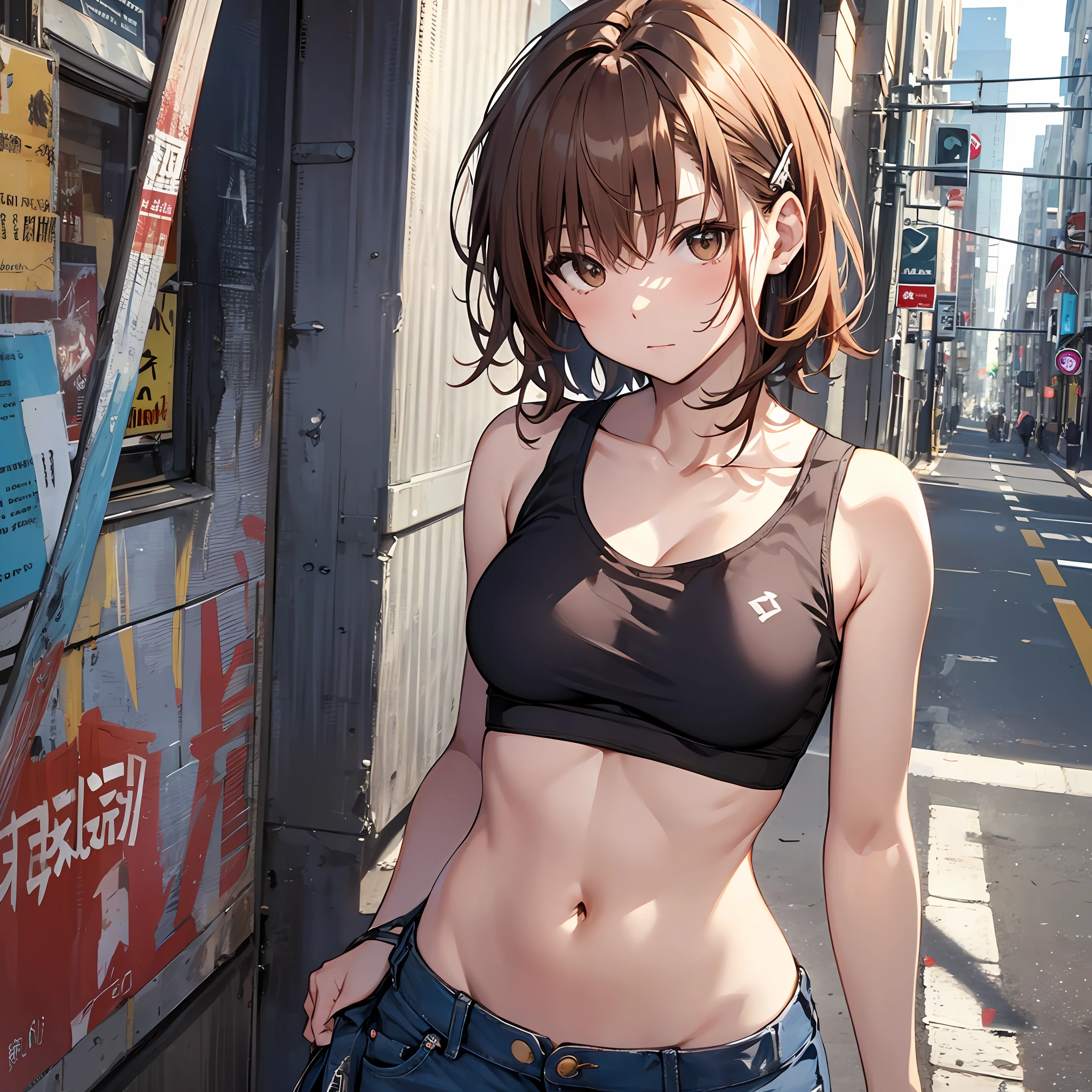 masterpiece, beste-Qualit, Misaka_mikoto, Brown-eyed, Short_Hair, Small_Breast,) Tank Tops Beauty navel shortpants Random Posing In the street Random View