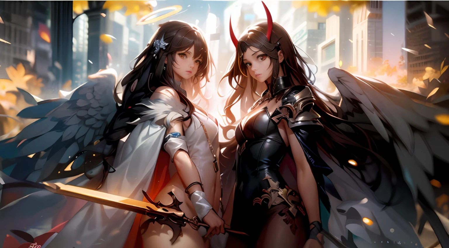 An angel and a demon face off in the center of the screen,Anime epic artwork,popular on ArtStation Pixiv,2.5D CGI anime fantasy artwork,Anime fantasy artwork,Anime art wallpaper 4k,Anime art wallpaper 4 K,From the night of the ark,anime fantasy illustration,Anime art wallpaper 8k,High detail official artwork,4k anime wallpapers