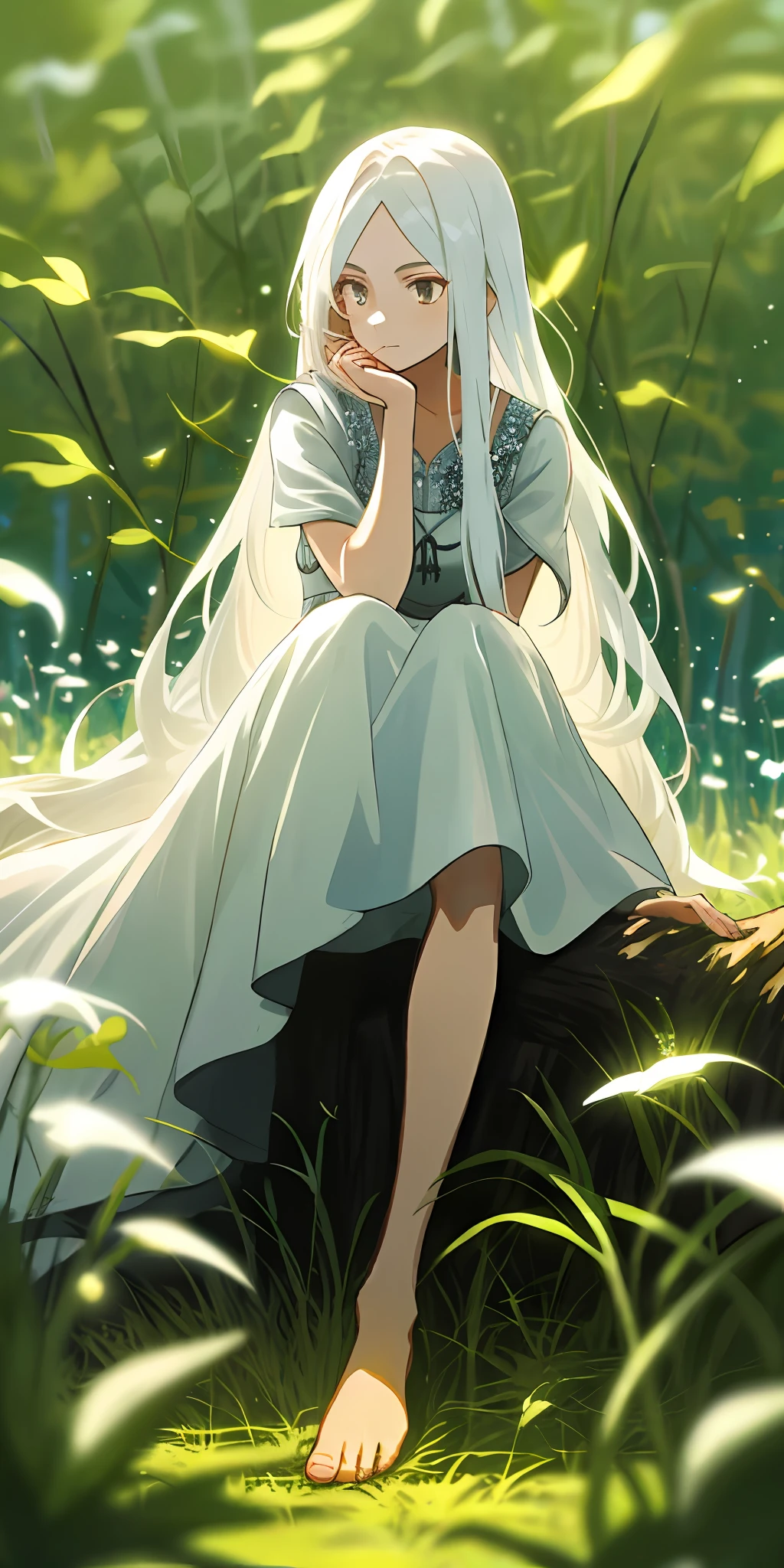（tmasterpiece，best quailty），1 girl with long white hair sitting in a field of greenery and flowers，her hand under her chin，warmly lit，white dresses，Blurred foreground，Barefoot