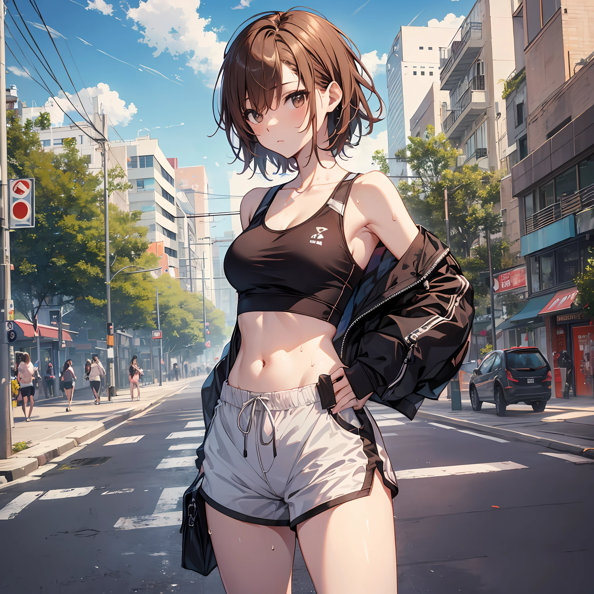​masterpiece, beste-Qualit, Misaka_mikoto, Brown-eyed, Short_Hair, Small_Breast,）　Tank Tops　Beauty navel　Navel sweat　shortpants　Random Posing　In the street　Random View