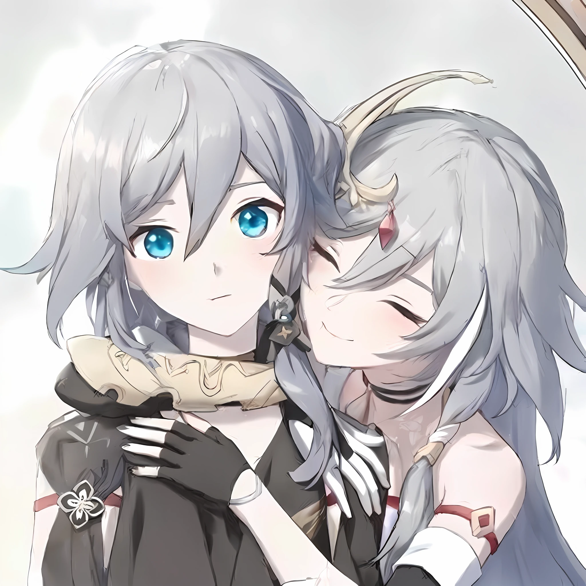 anime couple hugging in front of a mirror with blue eyes, From Arknights, from girls frontline, two beautiful anime girls, fus rei, Genshin, 《genshinimpact》in the clear, Ayaka Genshin impact, girls frontline style, Kantai collection style, Sirius A and Sirius B, kissing together cutely, genshin impact character, anime visual of a cute girl