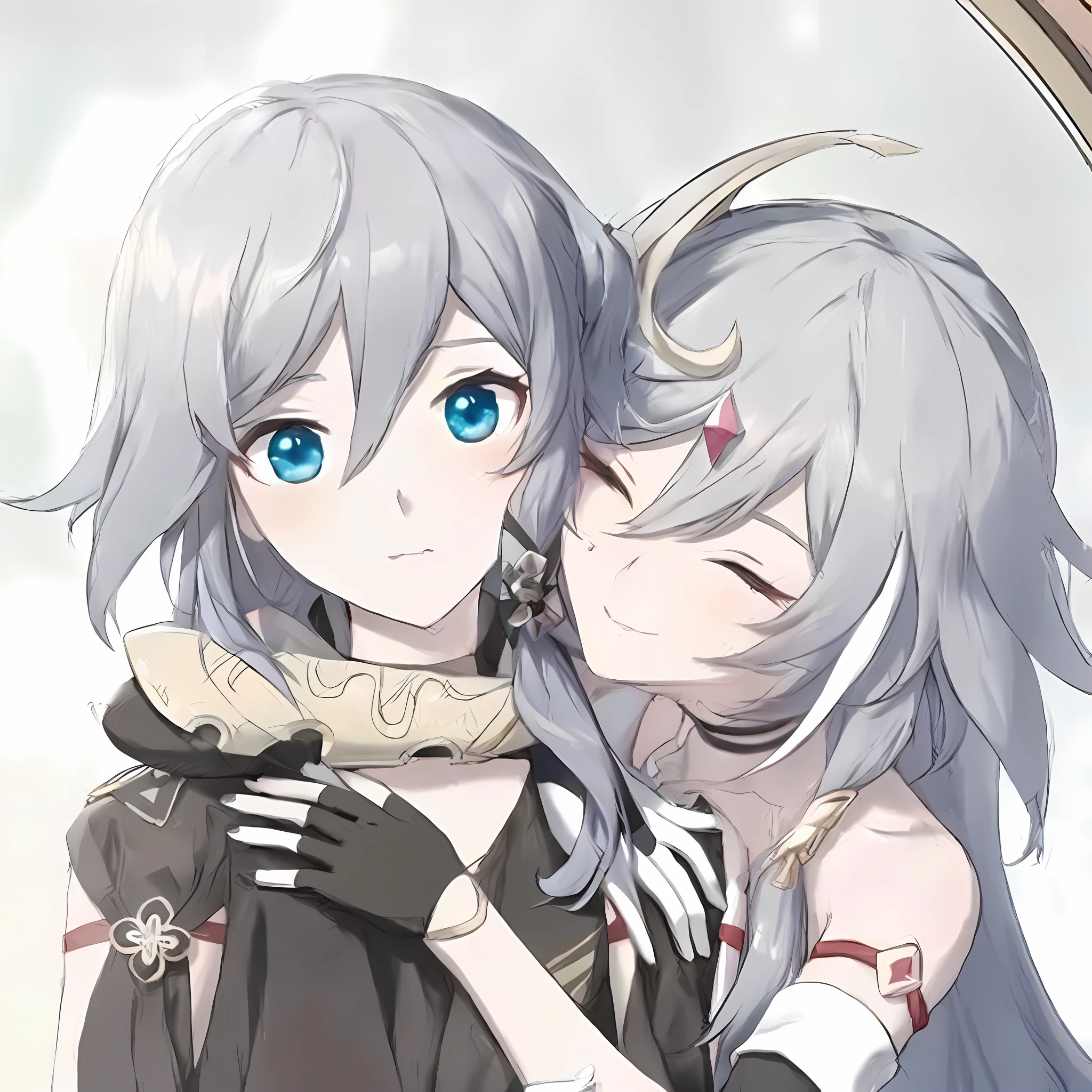 anime couple hugging in front of a mirror with blue eyes, From Arknights, from girls frontline, two beautiful anime girls, fus rei, Genshin, 《genshinimpact》in the clear, Ayaka Genshin impact, girls frontline style, Kantai collection style, Sirius A and Sirius B, kissing together cutely, genshin impact character, anime visual of a cute girl