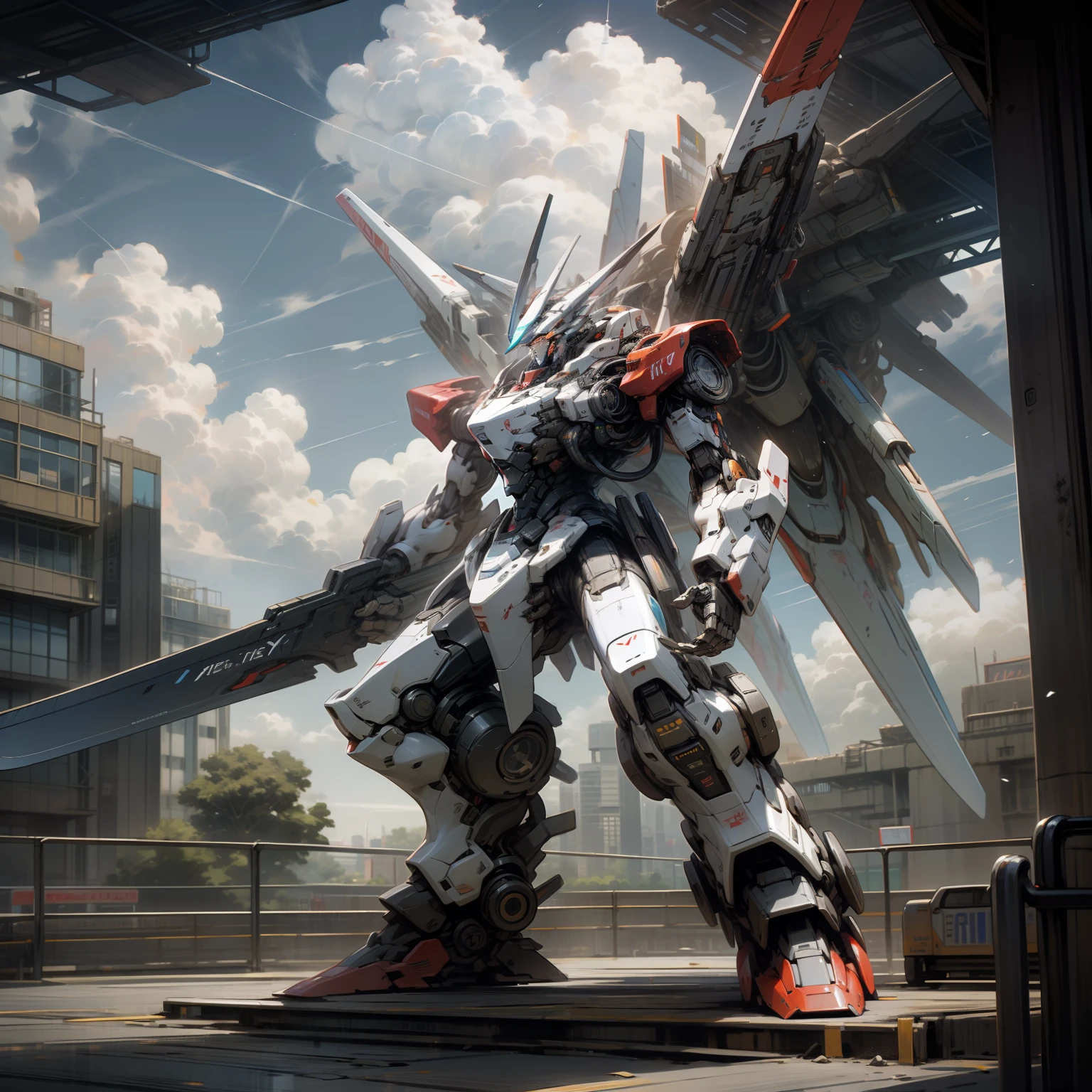 Sky, Clouds, holding_weapon, no_humans, Glow, Mecha, Architecture, Science Fiction, City, Reality --auto