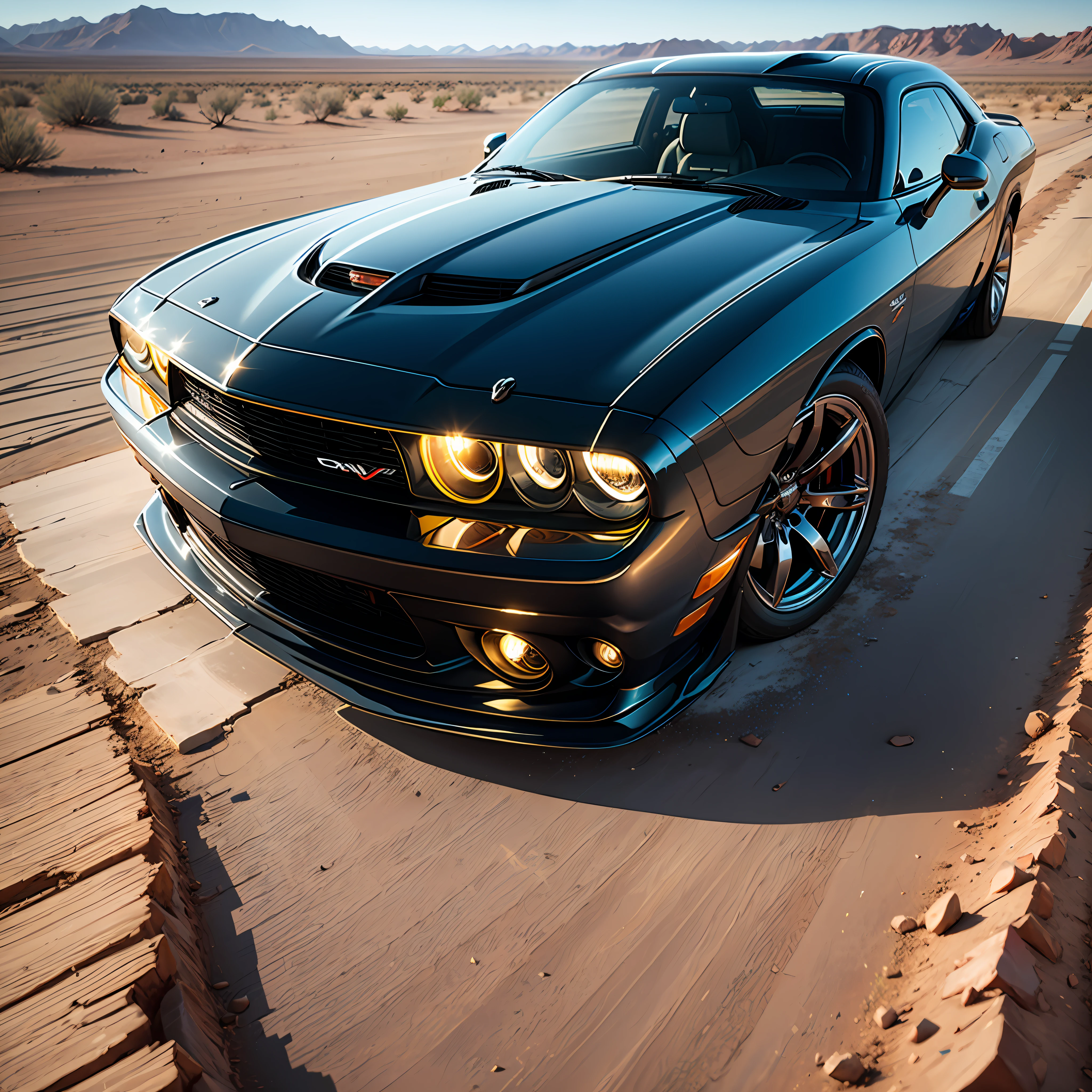 Best quality, masterpiece, ultra high res, (photorealistic:1.4), car: Dodge Challenger, black color, orange headlights, shiny; location: desert; details: sun, good composition