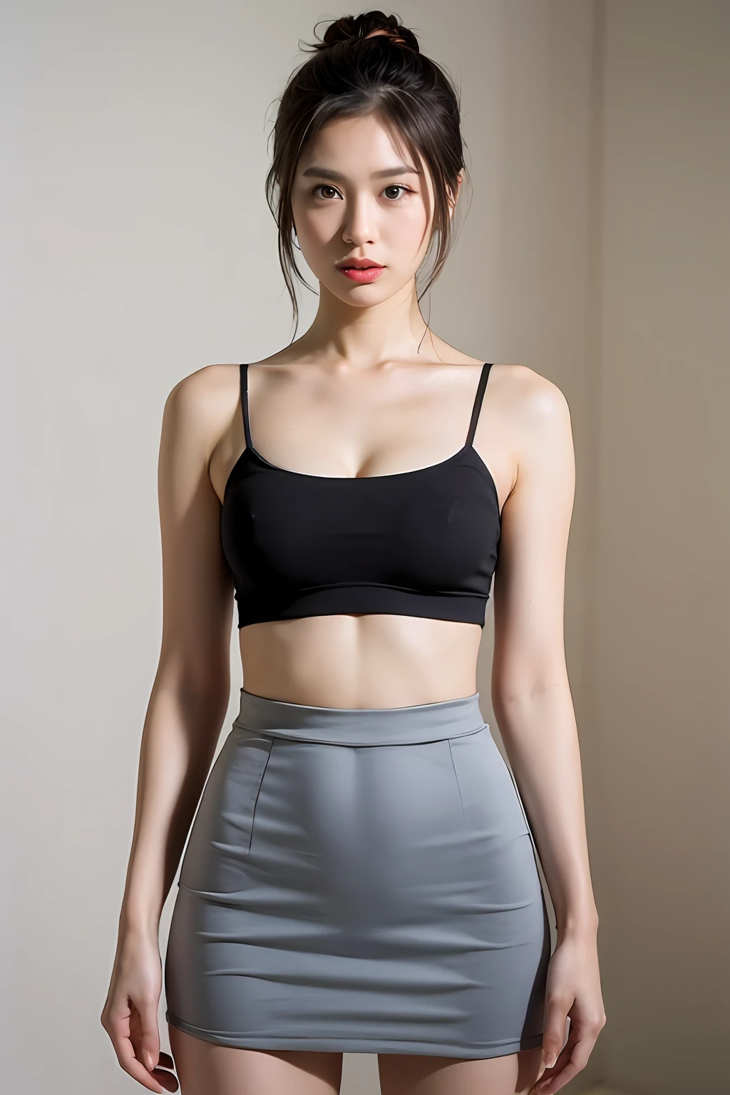 (Highly detailed body,Highly detailed face,very best quality:1.2) ,a woman with,Look at viewers,(Black bandeau top,JK short skirt,Top and skirt details:1.2),(Strong background room:1.4)(Medium breast1.2)