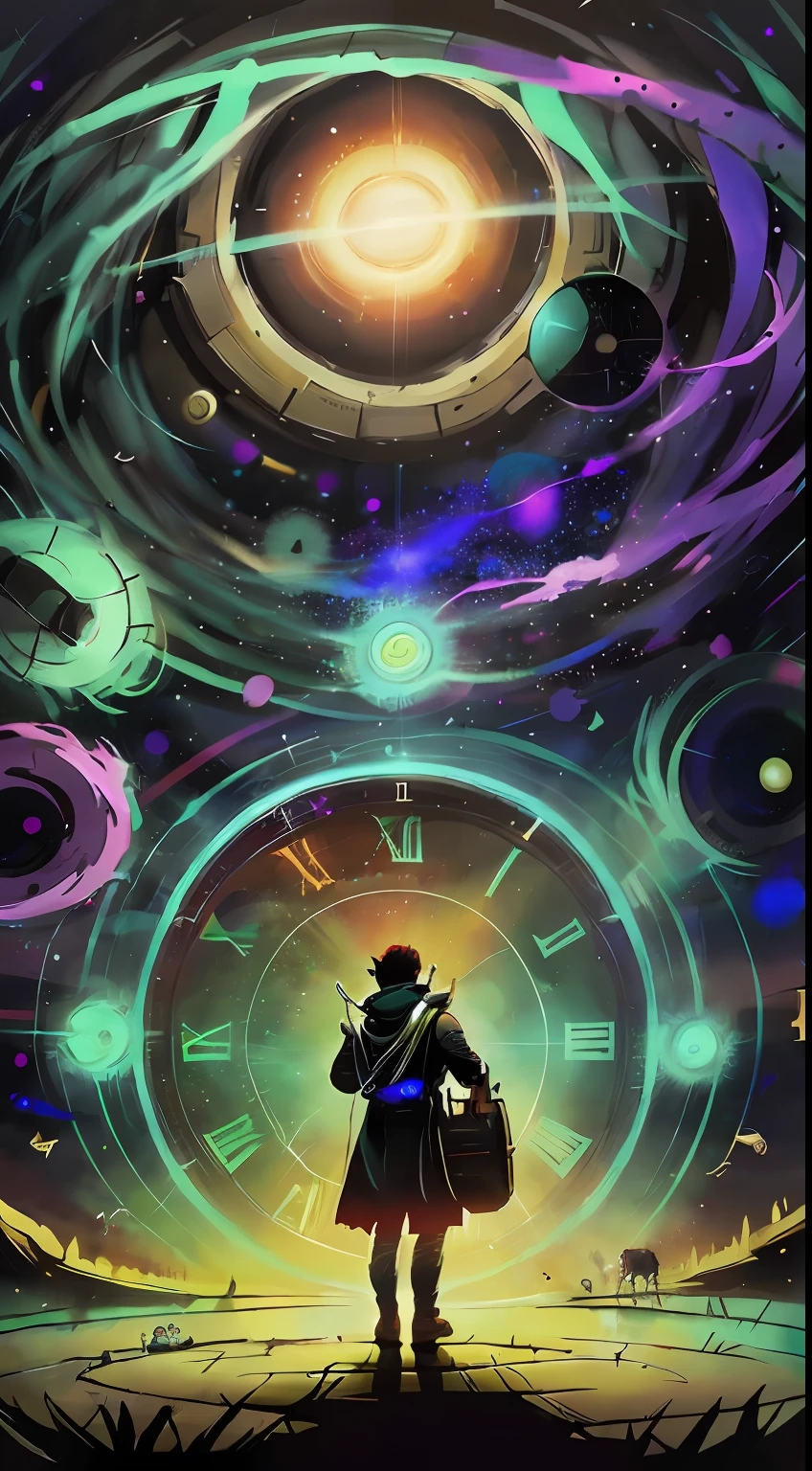 pocket watch , Purple energy surges, Meaning power over time and space. (best illumination and shadow) The color scheme is dark yet vibrant, Man Standing In Front Of A Space Portal With Sun View、cyril rolando and goro fujita、Portal to another universe inspired by Cyril Roland、Portal to another dimension、A world that can only be seen through portals、High Quality Fantasy Stock Photos、Portal to another world、portal to outer space、in style of cyril rolando、 looking out into space
