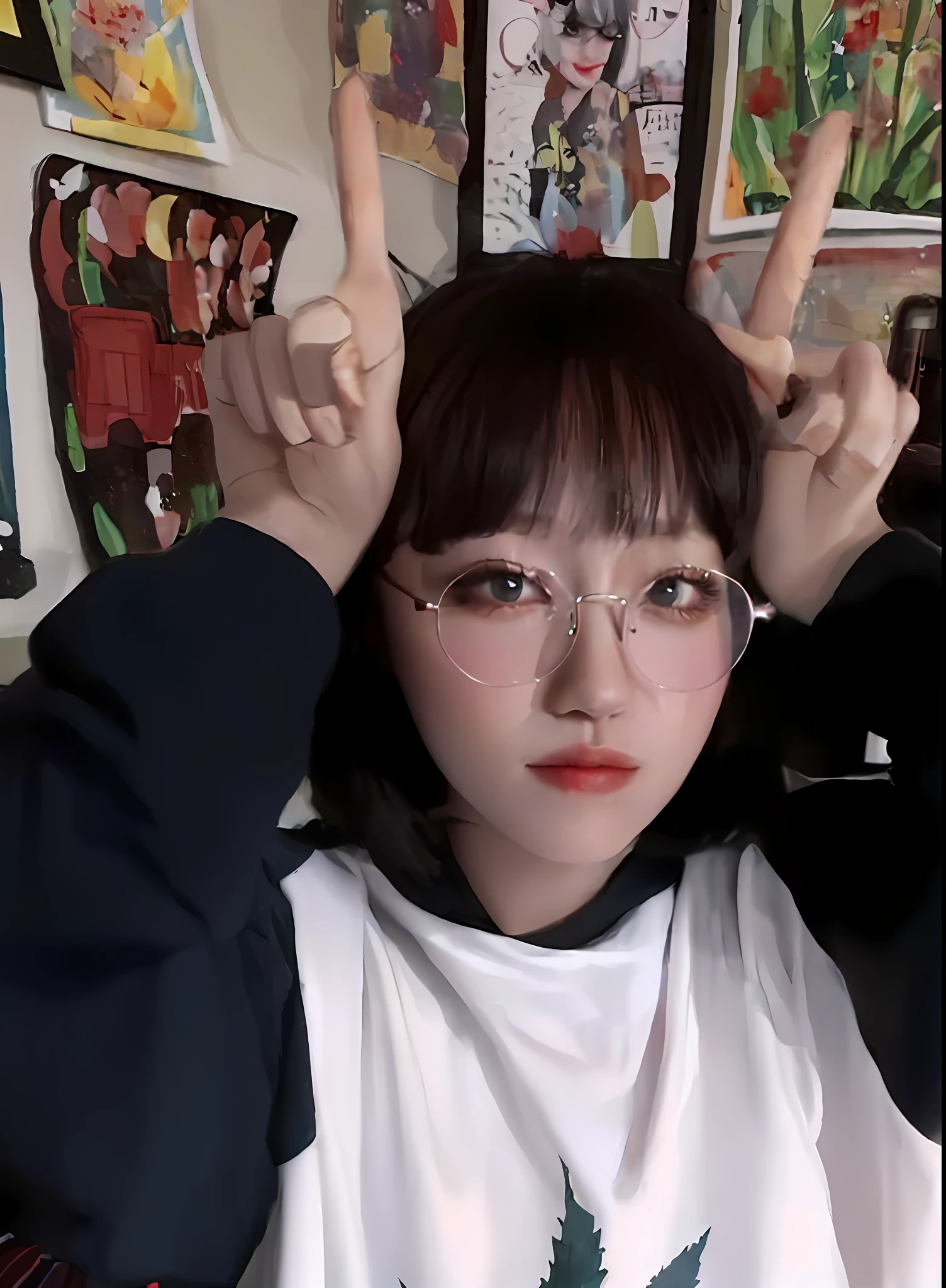 there is a woman with glasses and a white shirt holding up two fingers, tidy hair，By bangs, lofi-girl, Ruan cute vtuber, blunt bangs fall on her forehead, With bangs, She has black hair，By bangs, she has a cute expressive face, she has a cute face, ulzzangs, lofi portrait, chiho