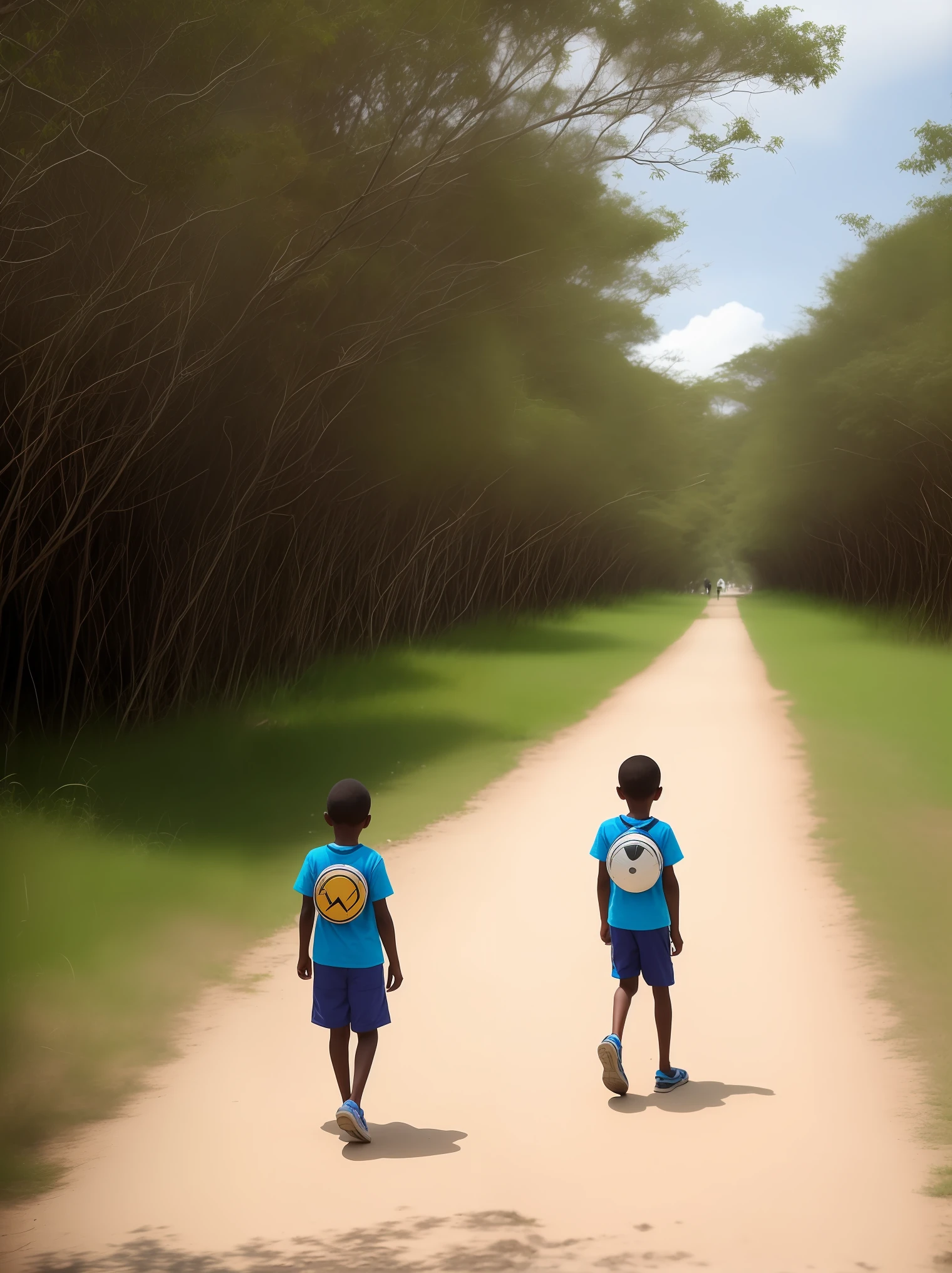 Passos seguros": Nessa fotografia, A Mozambican child stands on a street with a path stretched out in front of him, feito de pedras coloridas e firmes. The child's safe steps represent resilience and determination to move forward, mesmo diante de adversidades. A imagem transmite a mensagem de que, with confidence and perseverance, it is possible to overcome any obstacle.