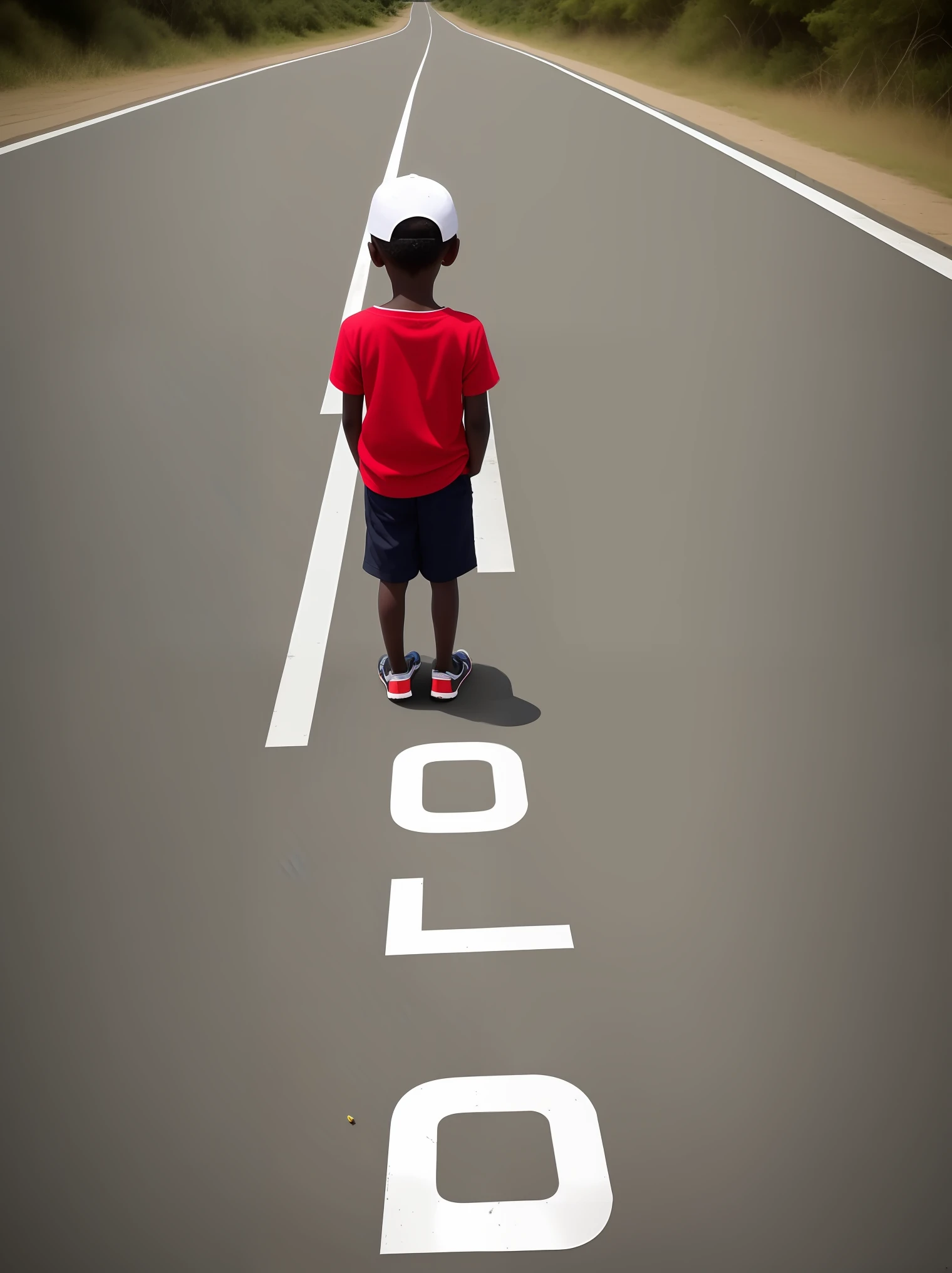 Passos seguros": Nessa fotografia, A Mozambican child stands on a street with a path stretched out in front of him, feito de pedras coloridas e firmes. The child's safe steps represent resilience and determination to move forward, mesmo diante de adversidades. A imagem transmite a mensagem de que, with confidence and perseverance, it is possible to overcome any obstacle.