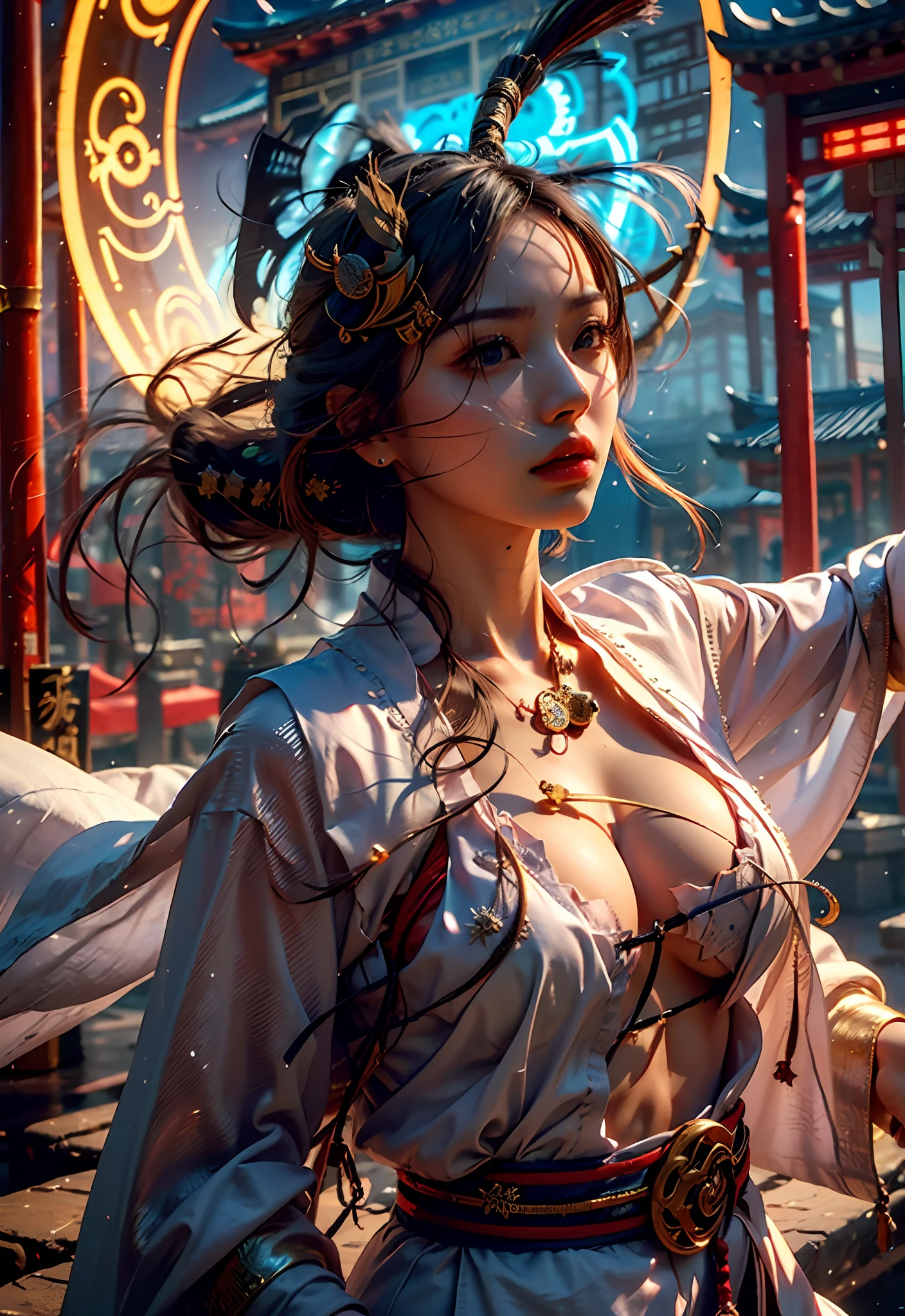 Best quality,masterpiece,ultra high res,(photorealistic:1.4),xiuxian,weapon,Detailed face,
1girl,solo,weapon,cleavage,(magic circle:1.2),xiuxian,upper body,Beautiful girl,full body,east asian architecture,sheath,architecture,