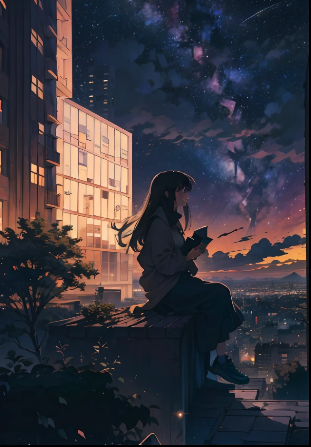 octans, sky, star (sky), scenery, starry sky, night, 1girl, night sky, solo, outdoors, signature, building, cloud, milky way, sitting, tree, long hair, city, silhouette, cityscape --auto
