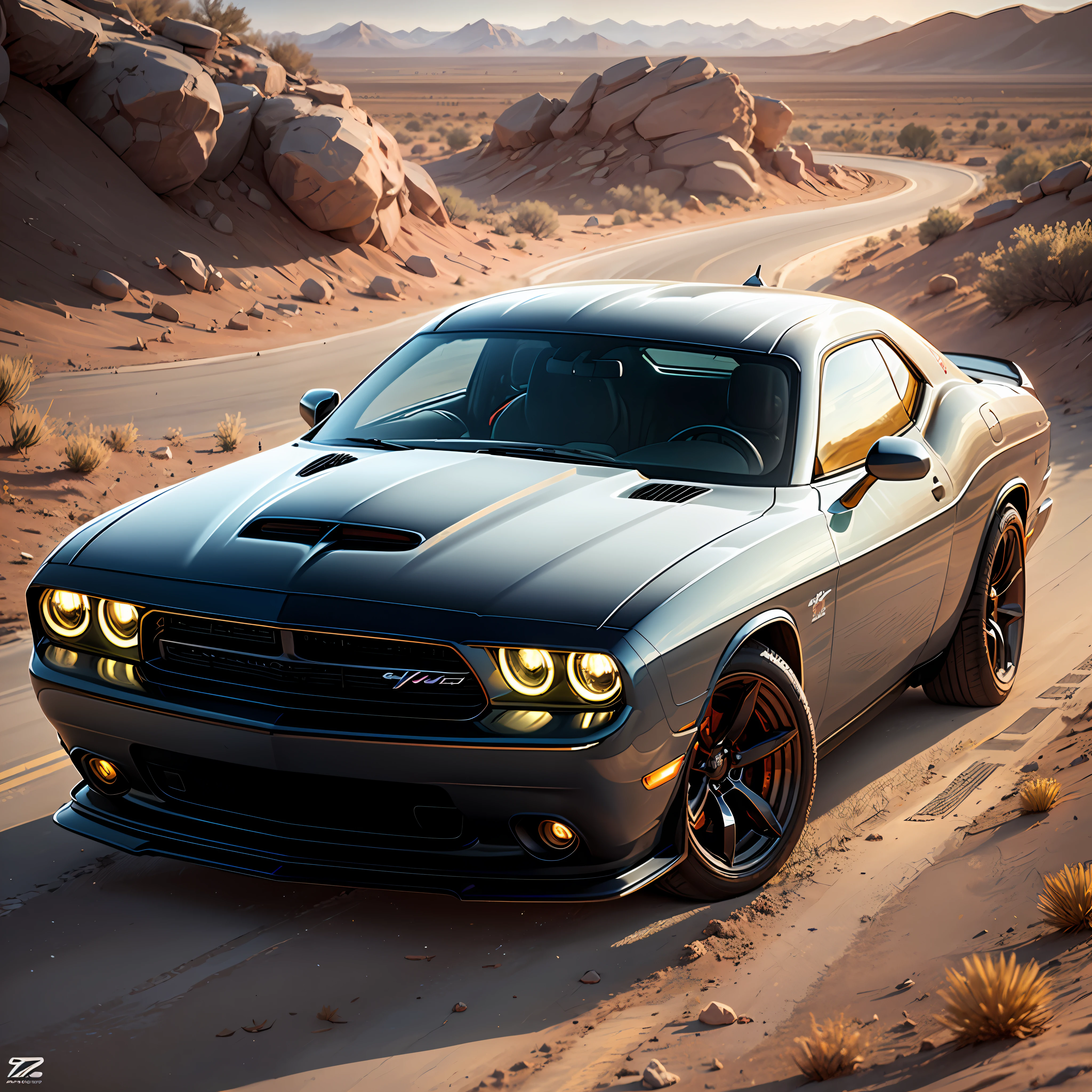 Best quality, masterpiece, ultra high res, (photorealistic:1.4), car: Dodge Challenger, black color, orange headlights, shiny; location: desert; details: sun, good composition