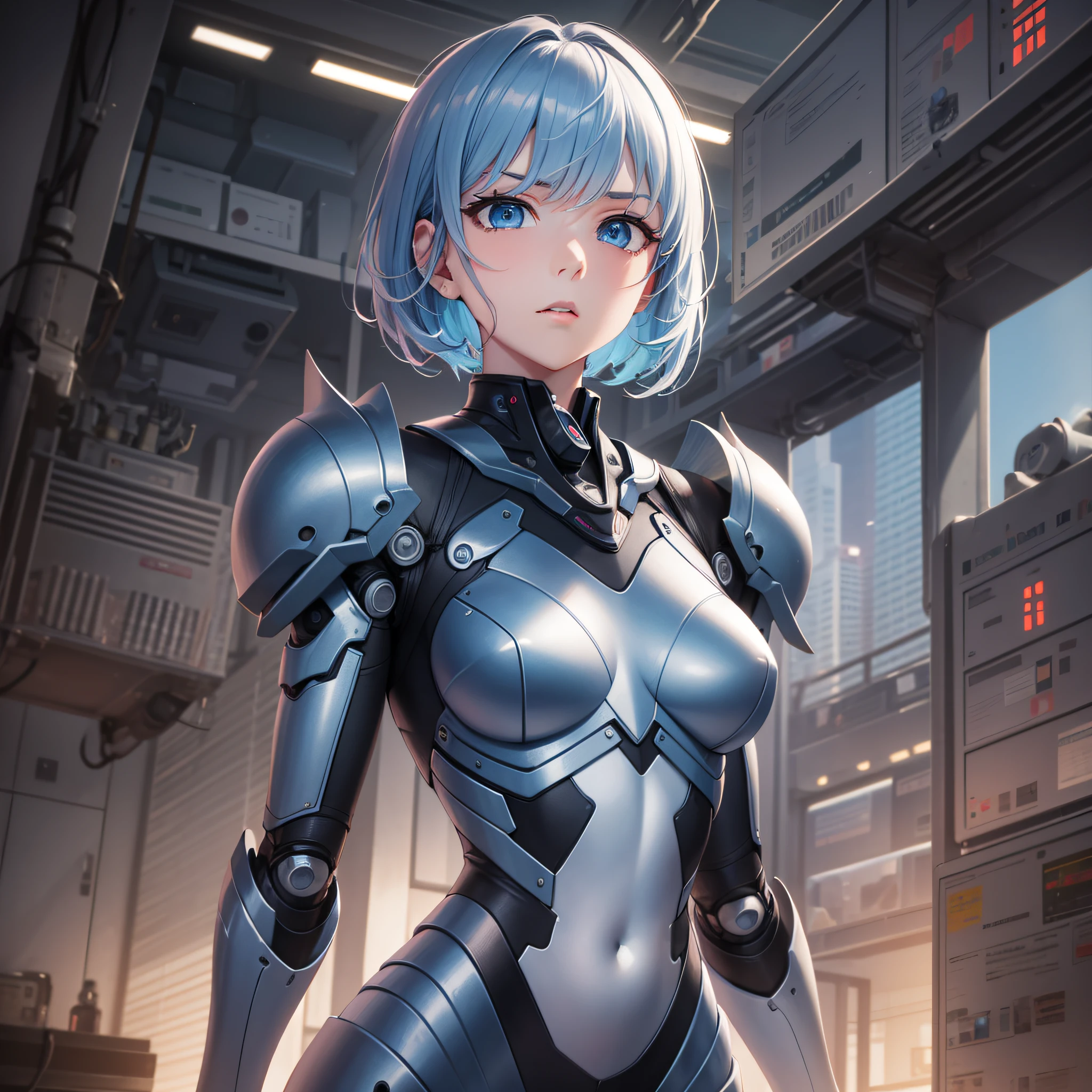 (((masterpiece))), ((ultra-detailed)), (highly detailed CG illustration), ((girl named meimei)), ((an extremely delicate and hansome)), (serious face), cinematic light, solo, full-body, ((Take off the armor)), (machine made joints:1.2), ((machanical limbs)), (blood vessels connected to tubes), (a brain in container:0.5), ((mechanical cervial attaching to neck)), expressionless, (wires and cables attaching to head and body:0.9), transparent blue eyes, Blue gradient short hair,
