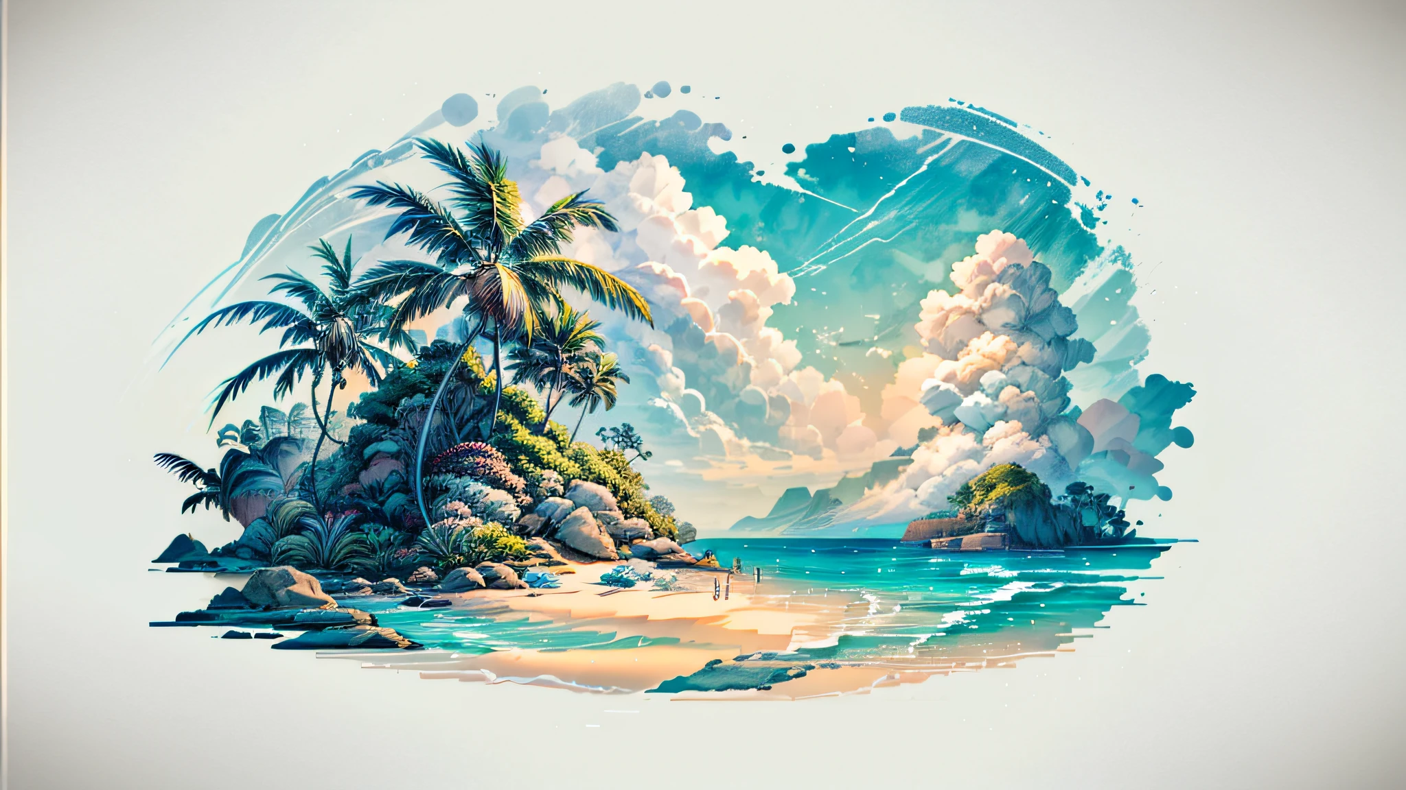 There is a view of a beach with palm trees and a body of water, tropical landscape, tropical beach paradise, tropical beach, on a tropical beach, beautiful tropical island beach, tropical location, beautiful breathtaking beach, beach and tropical vegetation, palm trees on the beach, tropical climate, atmosphere, tropical scenery, beach landscape, beautiful beach, tropical paradise