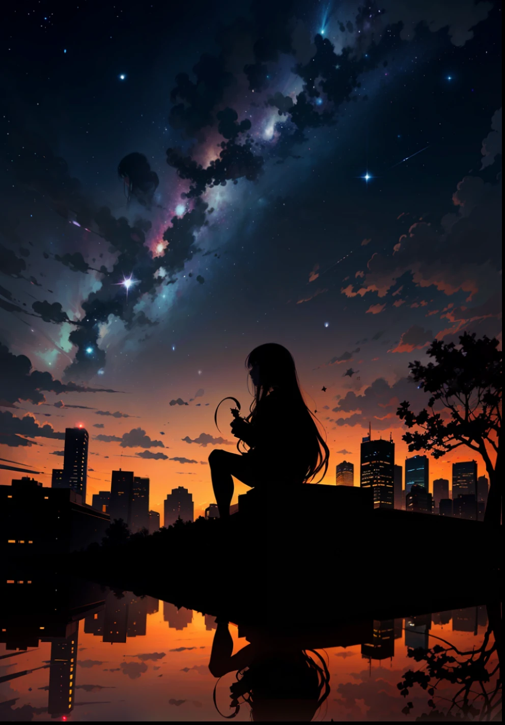 octans, sky, star (sky), scenery, starry sky, night, 1girl, night sky, solo, outdoors, signature, building, cloud, milky way, sitting, tree, long hair, city, silhouette, cityscape --auto