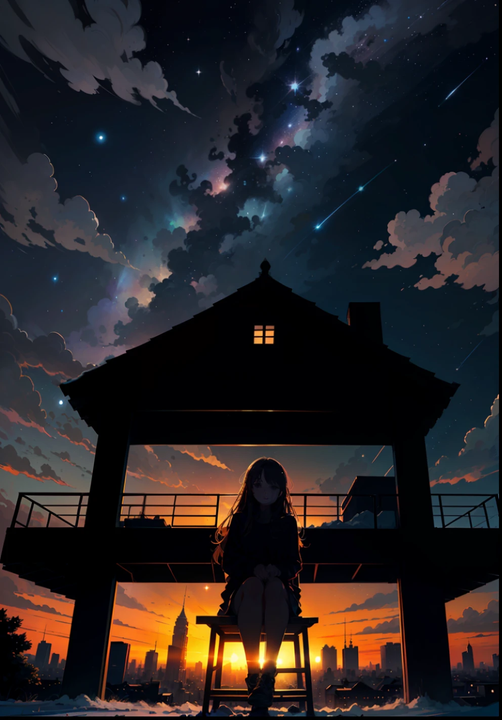 octans, sky, star (sky), scenery, starry sky, night, 1girl, night sky, solo, outdoors, signature, building, cloud, milky way, sitting, tree, long hair, city, silhouette, cityscape --auto