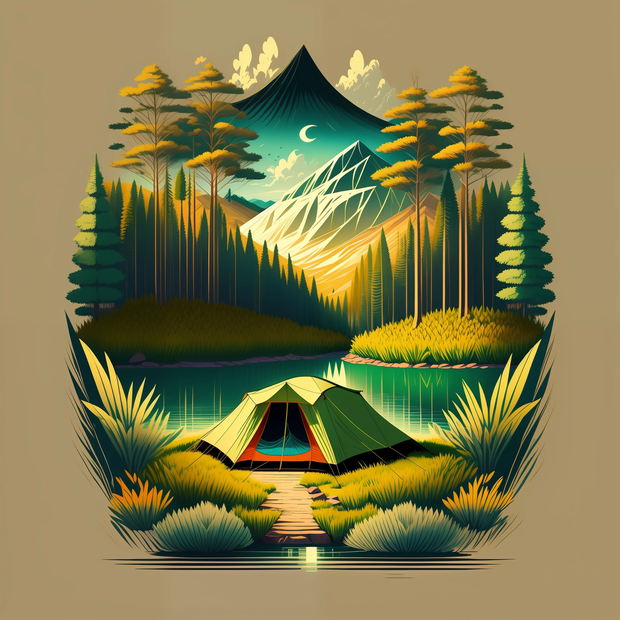 Lago escondido na floresta, acampamento selvagem, tenda, fogueira, Summer Wasage, design de tshirt, arte vectoral, midjourney