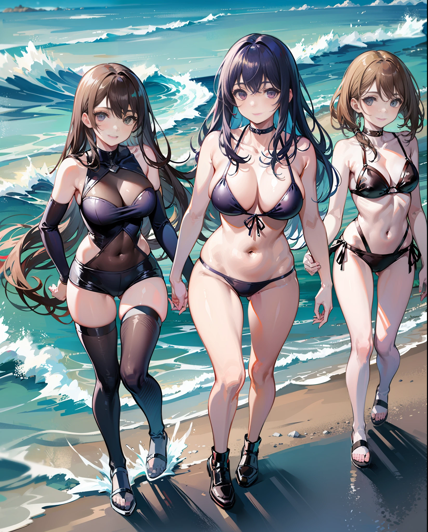 animel，3 girls running hand in hand in swimsuits on the beach，A smile on his face