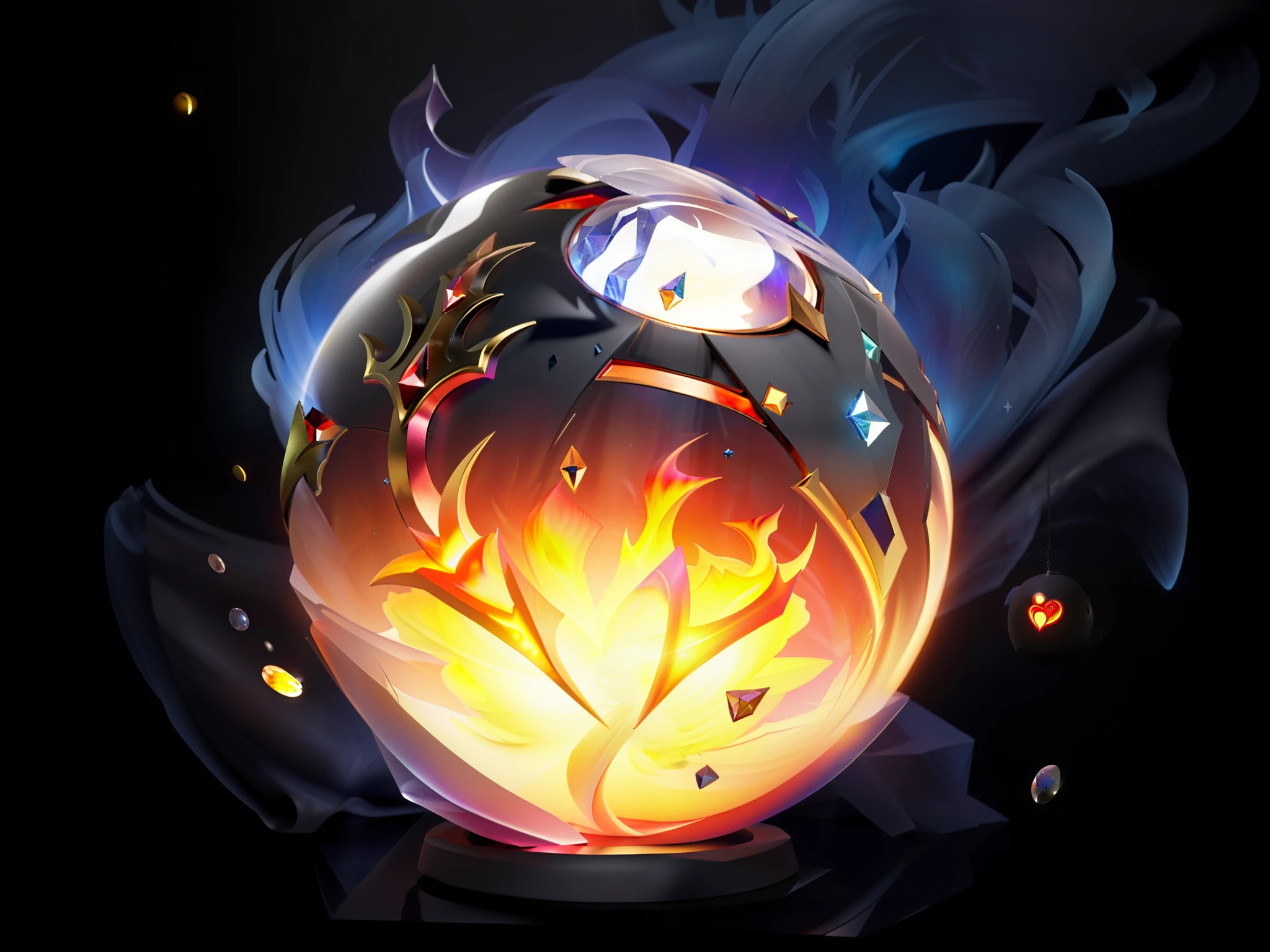 There is a picture of a glass ball，There is fire inside, black orb of fire, glowing magma sphere, orb of agamento, arcane style bomb, glowing sphere, magic frozen ice phoenix egg, mana flowing around it, ashes crystal, the orb of truth, the orb of eternity, heartstone, artifact dota2, ghost sphere, magic rune