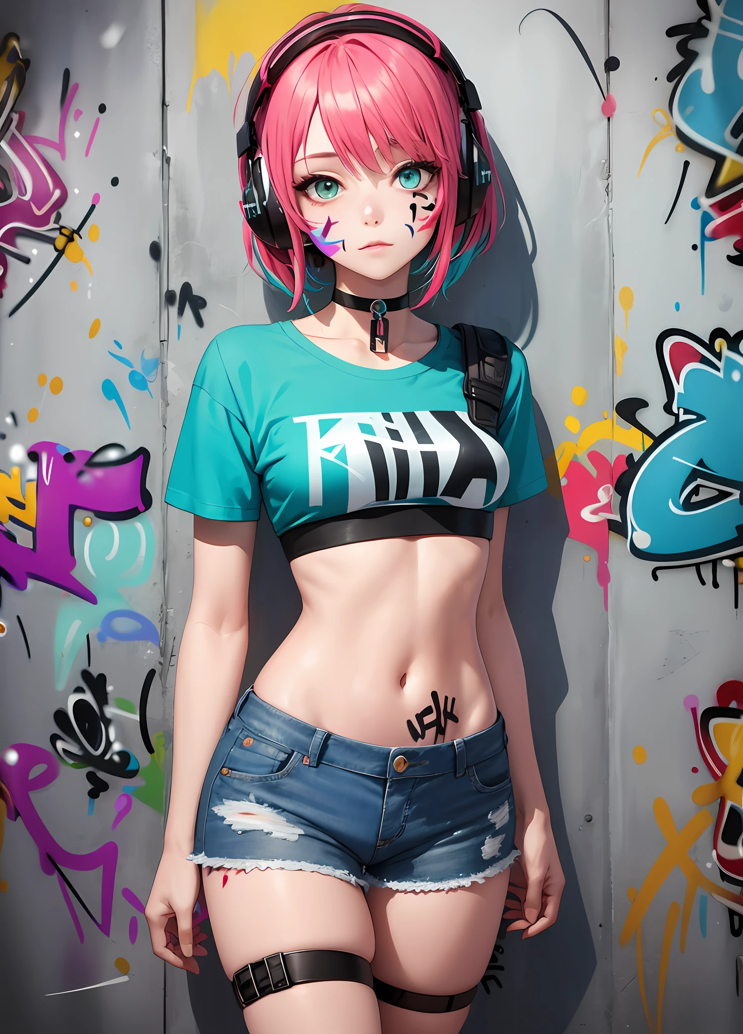 masterpiece, best quality, 1girl, solo, crop top, denim shorts, choker, (graffiti:1.5), paint splatter, arms behind back, against wall, looking at viewer, armband, thigh strap, paint on body, head tilt, bored, multicolored hair, aqua eyes, headset,