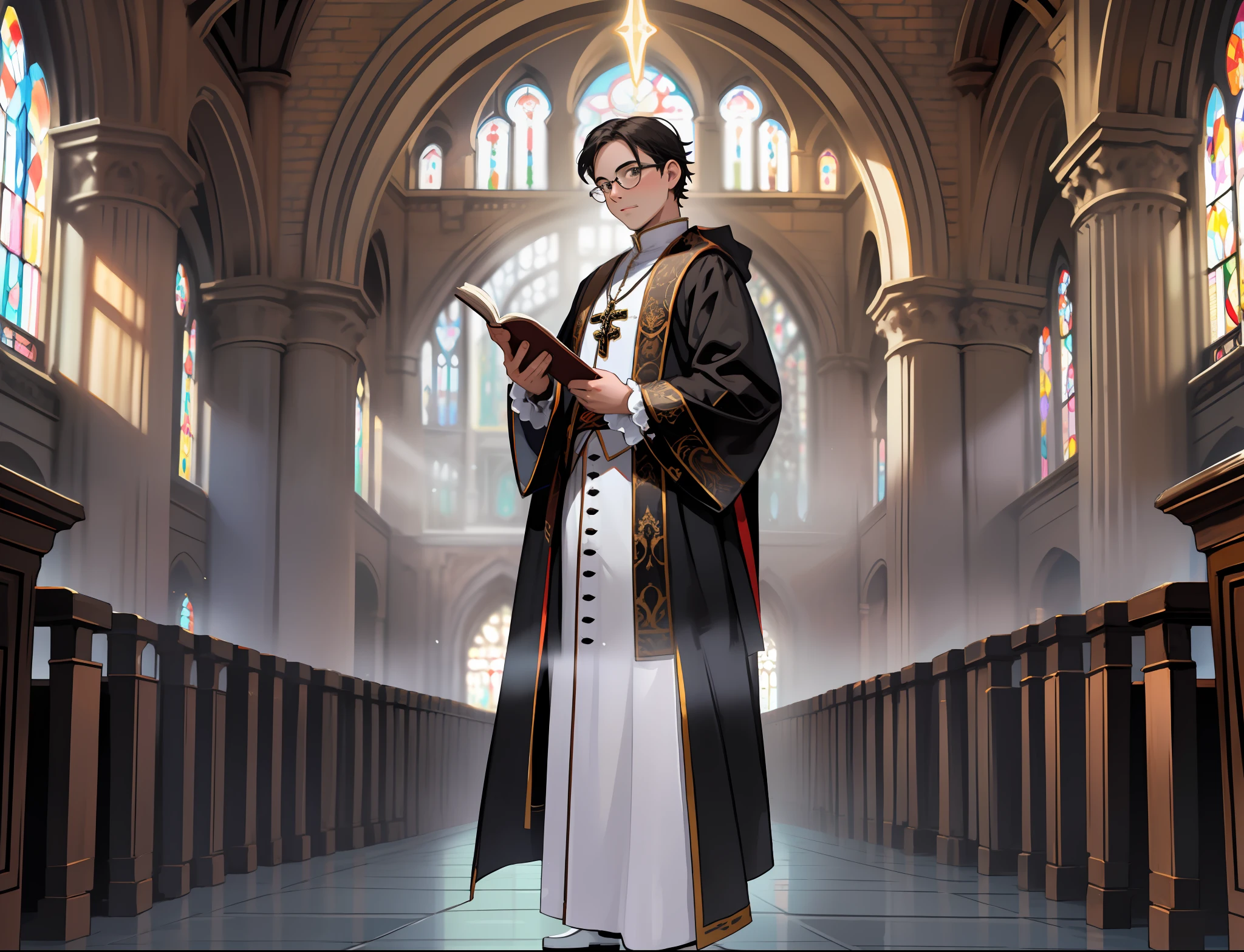 26 year-old Young priest, short hair, round frame glasses, black robe, white vestments, holding a Bible,(18th century clothing style:1.3),(Standing posture:1.5),(full body:1.6)