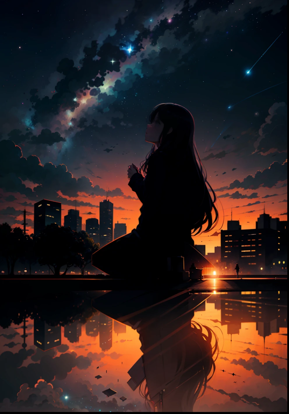 octans, sky, star (sky), scenery, starry sky, night, 1girl, night sky, solo, outdoors, signature, building, cloud, milky way, sitting, tree, long hair, city, silhouette, cityscape --auto