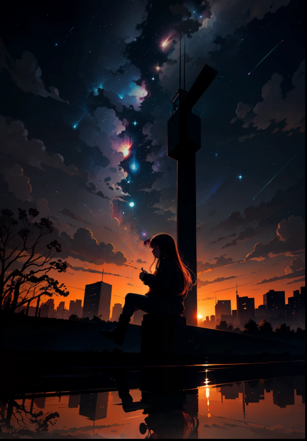 octans, sky, star (sky), scenery, starry sky, night, 1girl, night sky, solo, outdoors, signature, building, cloud, milky way, sitting, tree, long hair, city, silhouette, cityscape --auto