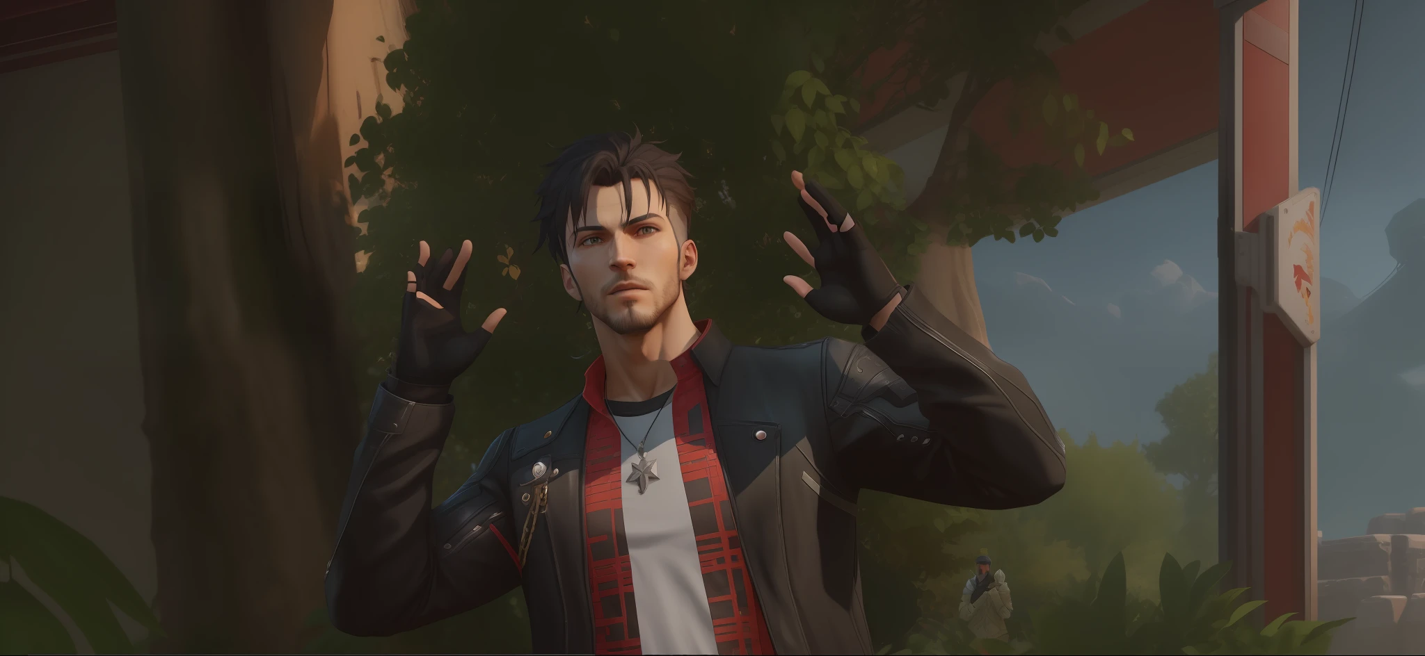 there is a man standing in front of a tree with his hands up, <mmorpgs scene, inspired by Jean Malouel, 2020 video game screenshot, heavy gesture style closeup, holding a pair of fans. unreal 5, style game square enix, handsome anime pose, mechanic punk outfit, video game screenshot, as a character in tekken, male character