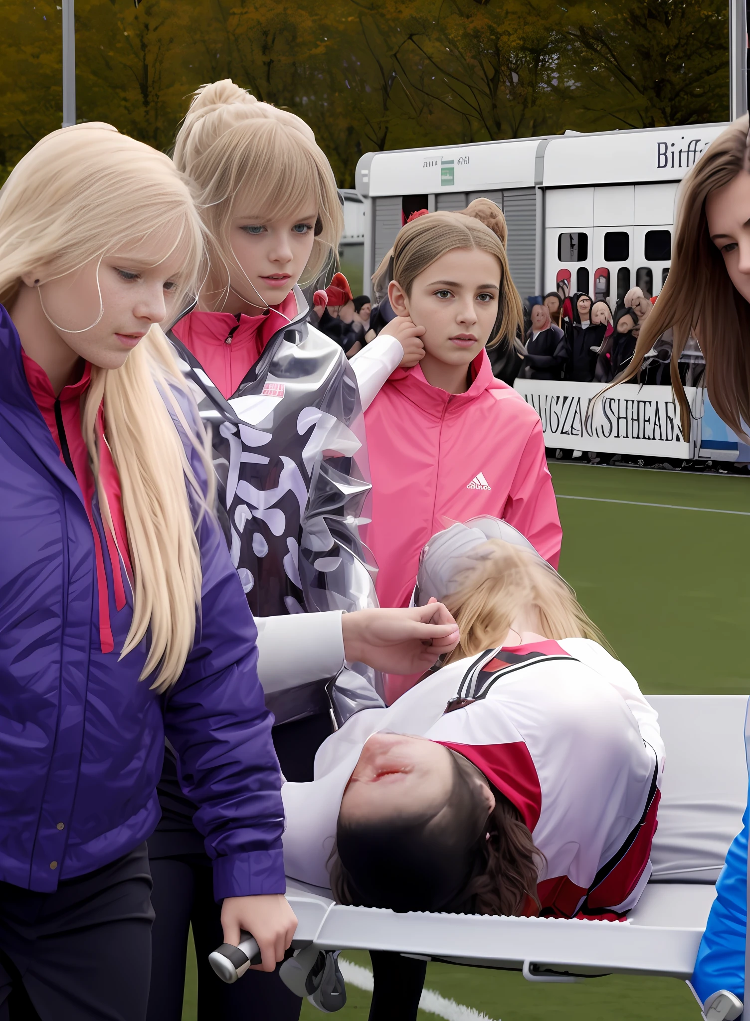 Several very young schoolgirls in shiny wet plastic jackets stand around an athlete on a stretcher, Several young schoolgirls in shiny PVC jackets hold a stretcher, on which an injured athlete lies on his back, writhing in pain, unbekannt, Bearbeitete, Autogramme geben, Scharfe Details, an award winning, spezial, Blick teilweise nach links, over-shoulder shot, Herausragende Detailgenauigkeit, very coherent, Stolz drauf, Haar, Brillante Details, awards winning, Beauty-Shot, Warmer Sonnenschein, verletzt, sehr nah dran, 4 0 9 6, astonishing detail
