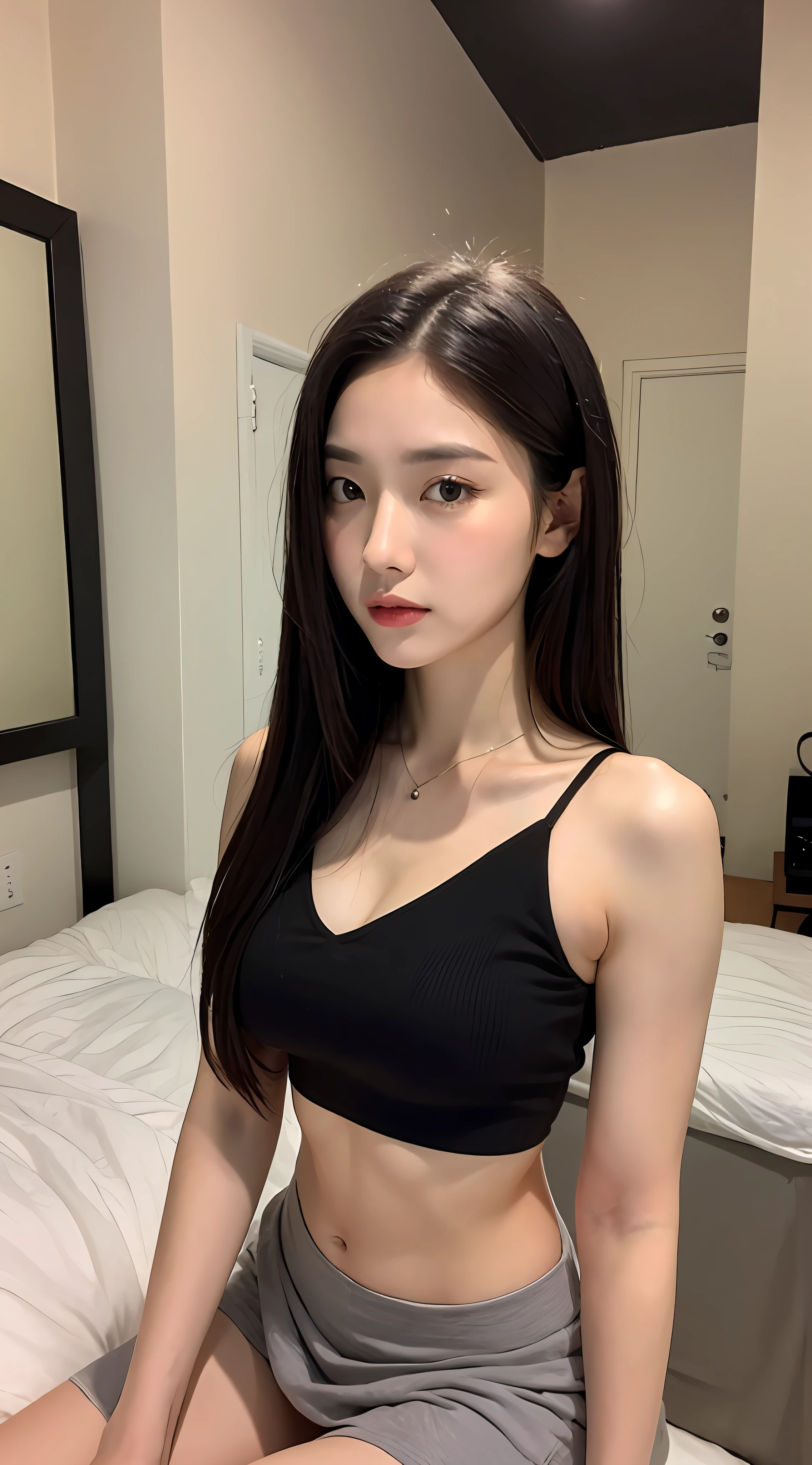 （（Top  Quality，8k，tmasterpiece：1.3）），Beauthful，Hide your face，2 girls，beatifull：1.3，Slender abs：1.1，Black camisole，，longblackhair，（sit on a bed），Super detailed face，Highly Detailed Lips，mesmerizing eyes，双眼皮
