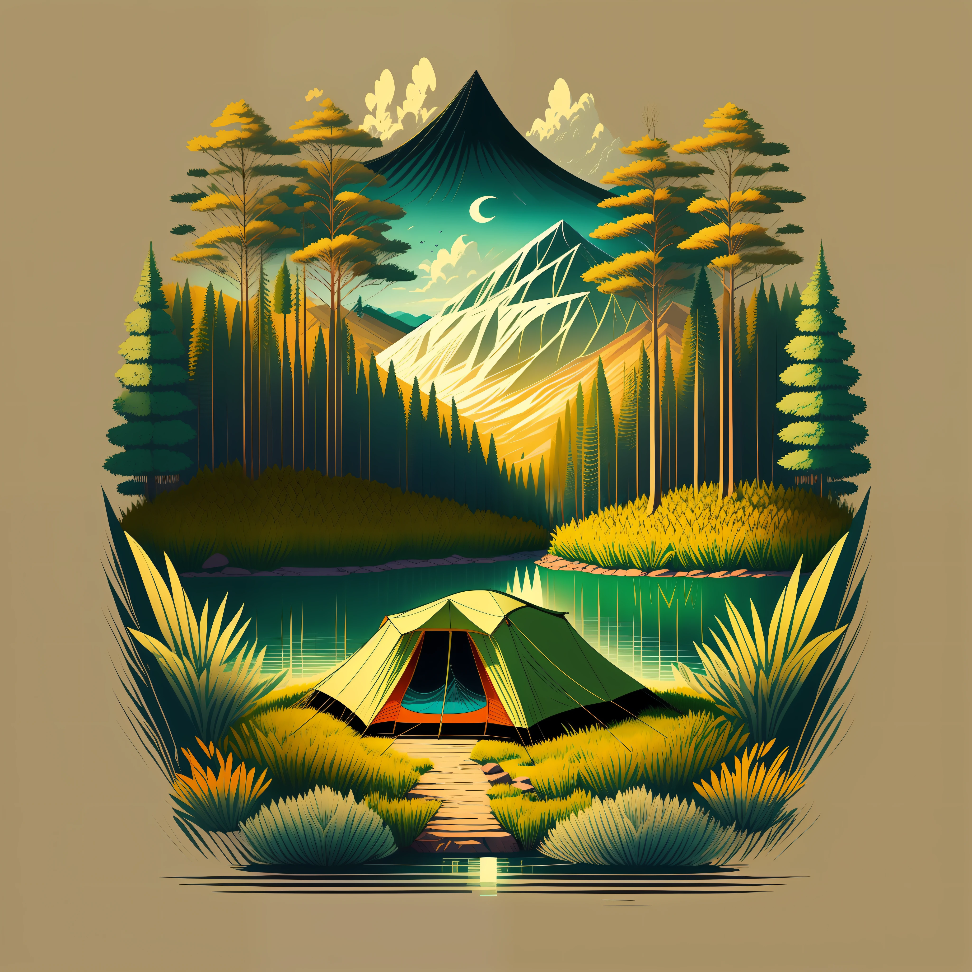 Lago escondido na floresta, acampamento selvagem, tenda, fogueira, Summer Wasage, design de tshirt, arte vectoral, midjourney