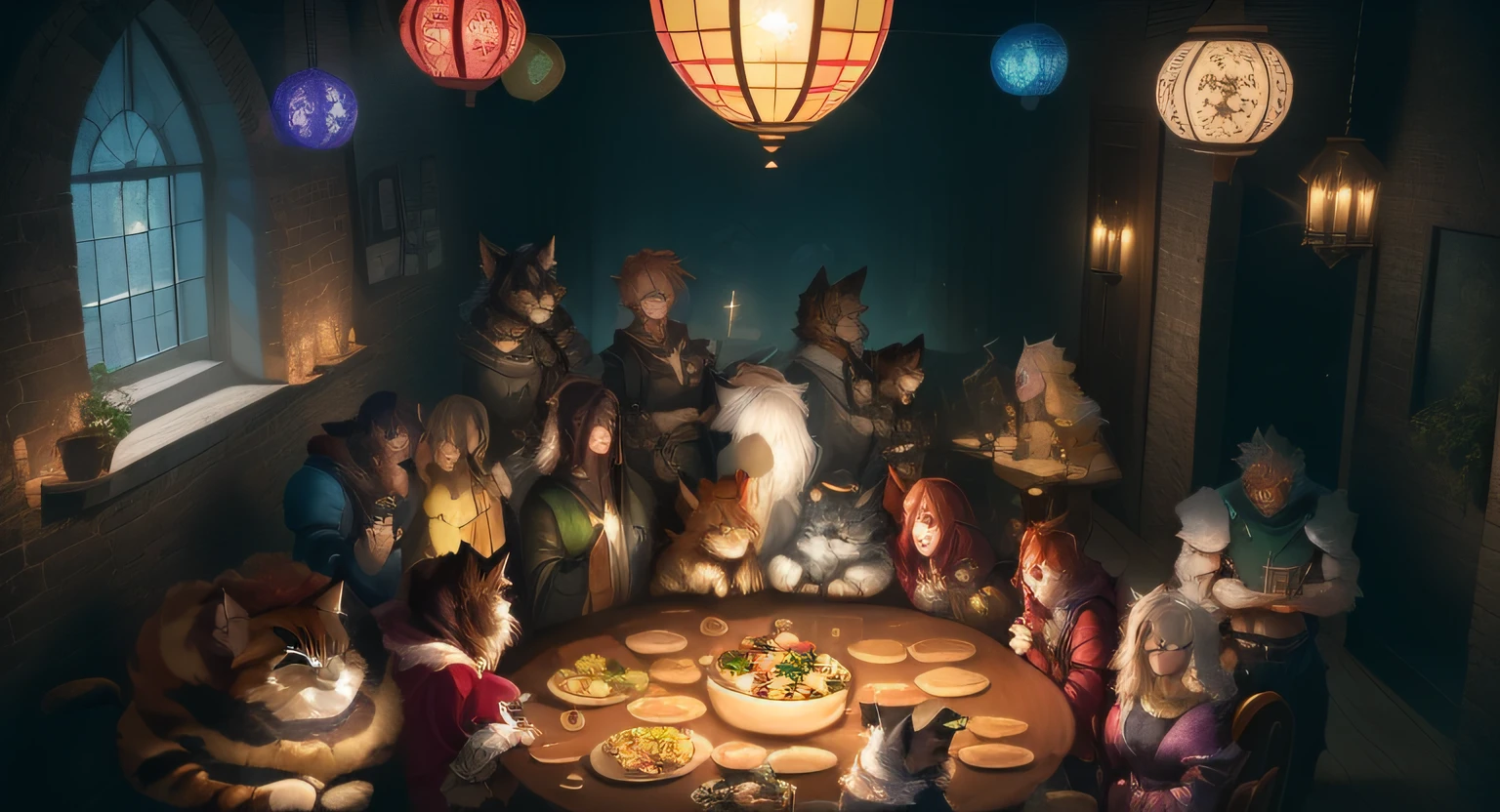 Draw a table,There is a group of animals and a cat inside, last supper, the table is full of food, dnd party, anime party of friend of wisdom, Line art!!, lineart, Line sketch!!, clean lineart, Line sketch, everyone having fun, dnd commission, perfect lineart, at a dinner table, Detailed fanart, variable lineart