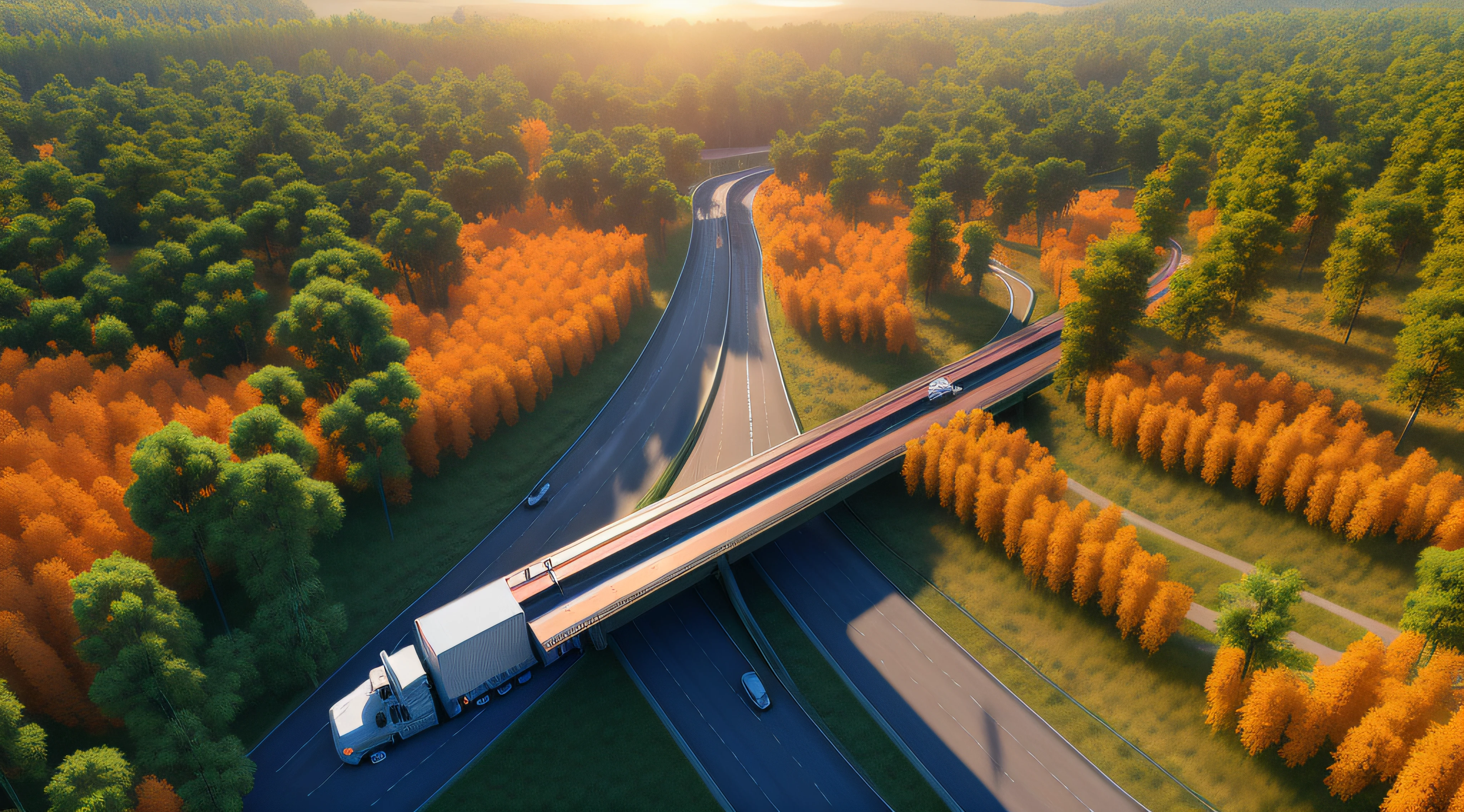 A large number of transport trucks，freeway，viaduct，forested，lakes，Realistic style，Sunlight shines from above，Screen warming，The sun is set above，Warm colors with gradients。Many large transport trucks and other vehicles weave between forests and lakes，Tilted viewing angle，Realistic details come to life。